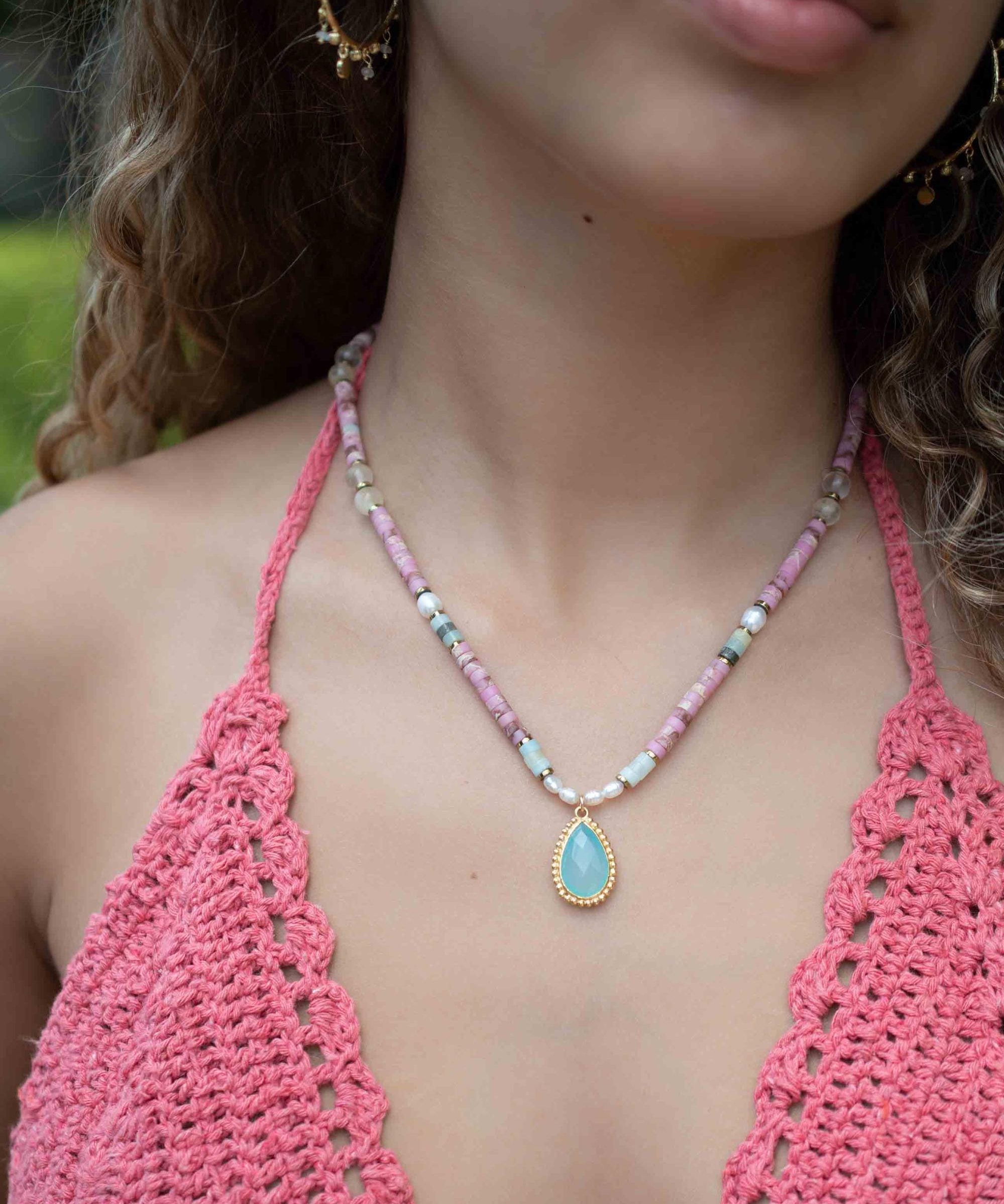 Mixed Gemstones bead necklace with moonstone pendant ~ Gold Plated or Sterling Silver ~ Pearl ~ Rutilated quartz ~ minimalist MN162
