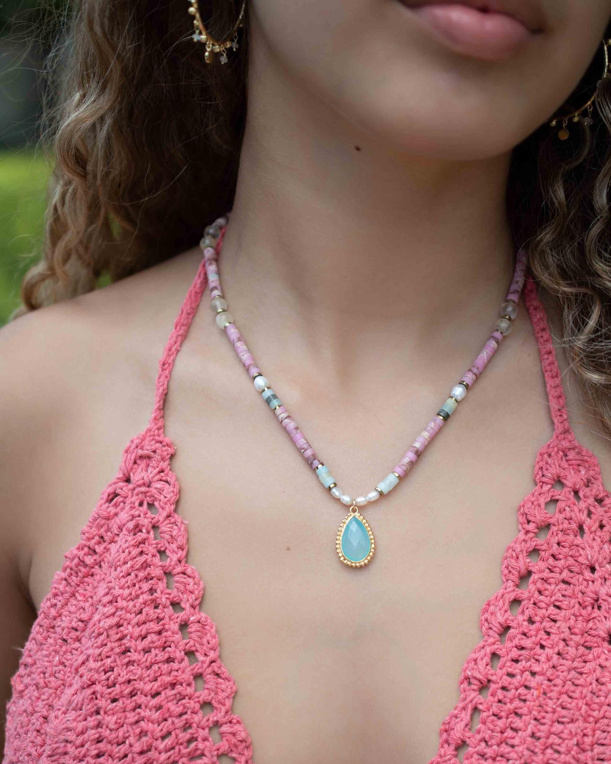 Mixed Gemstones bead necklace with moonstone pendant ~ Gold Plated or Sterling Silver ~ Pearl ~ Rutilated quartz ~ minimalist MN162