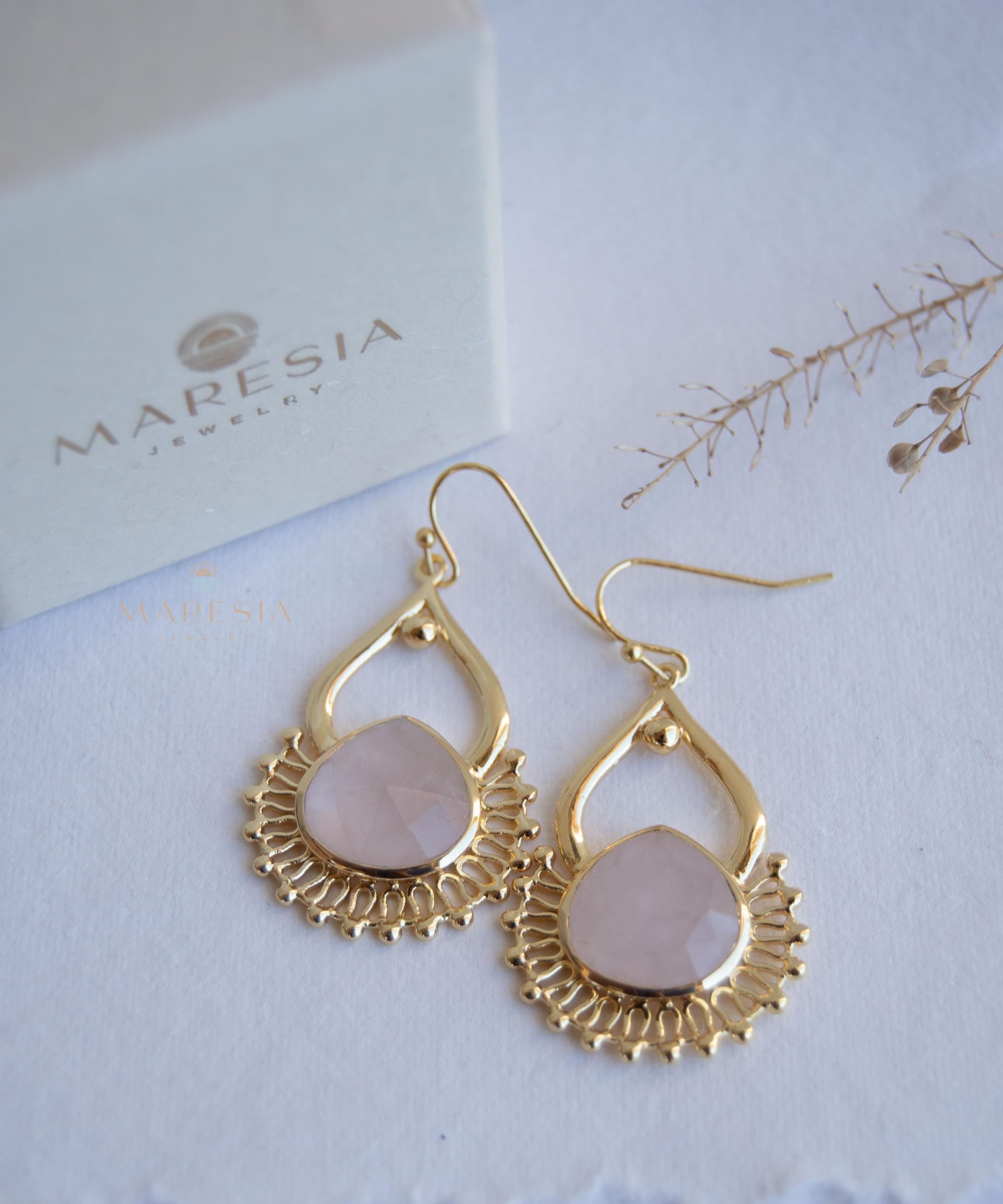 Rose Quartz 18k Gold Plated Earrings ~ Gemstone ~ Dangle Earrings ~ Handmade ~ Jewelry ~ Gift for her ~ ME187