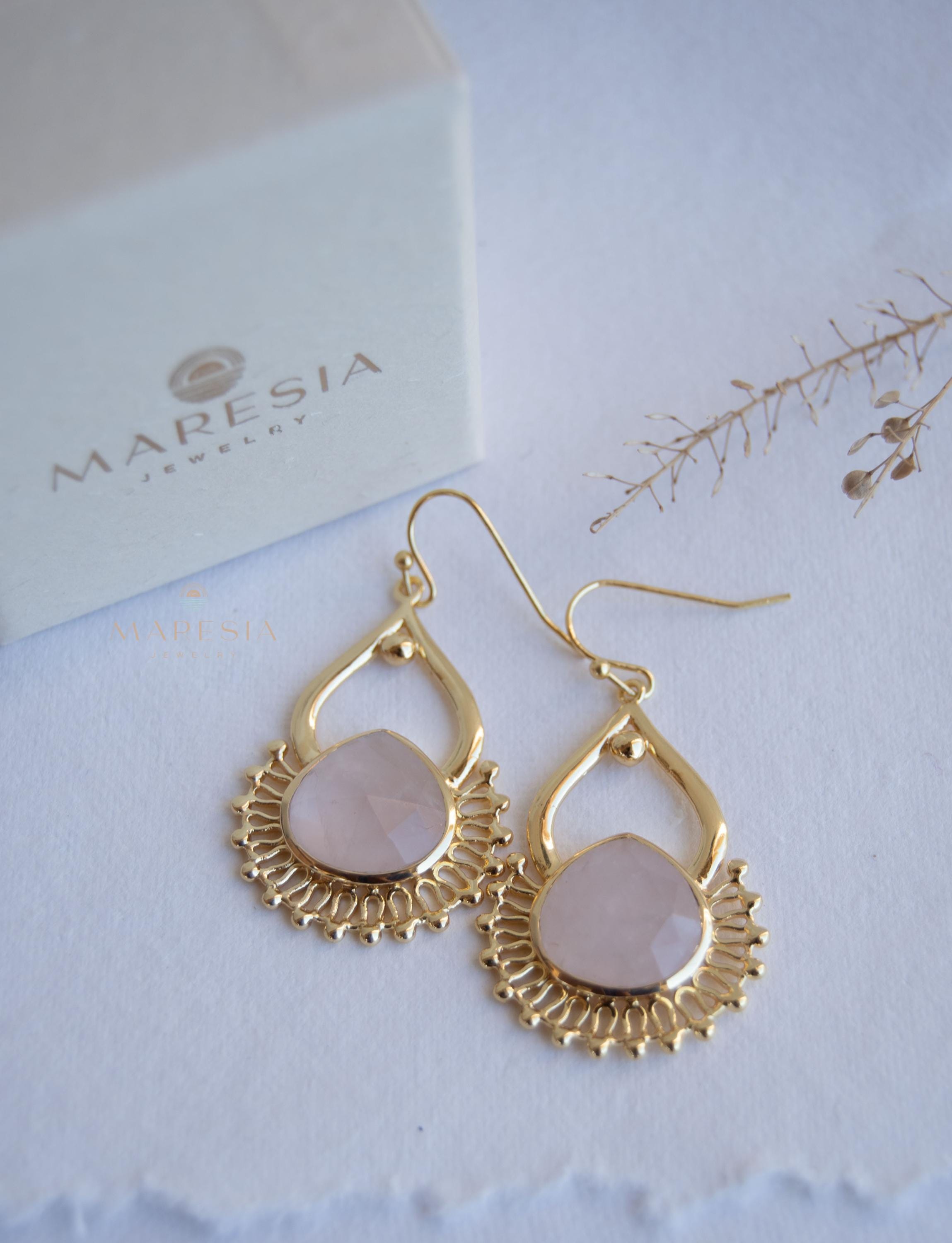 Rose Quartz 18k Gold Plated Earrings ~ Gemstone ~ Dangle Earrings ~ Handmade ~ Jewelry ~ Gift for her ~ ME187