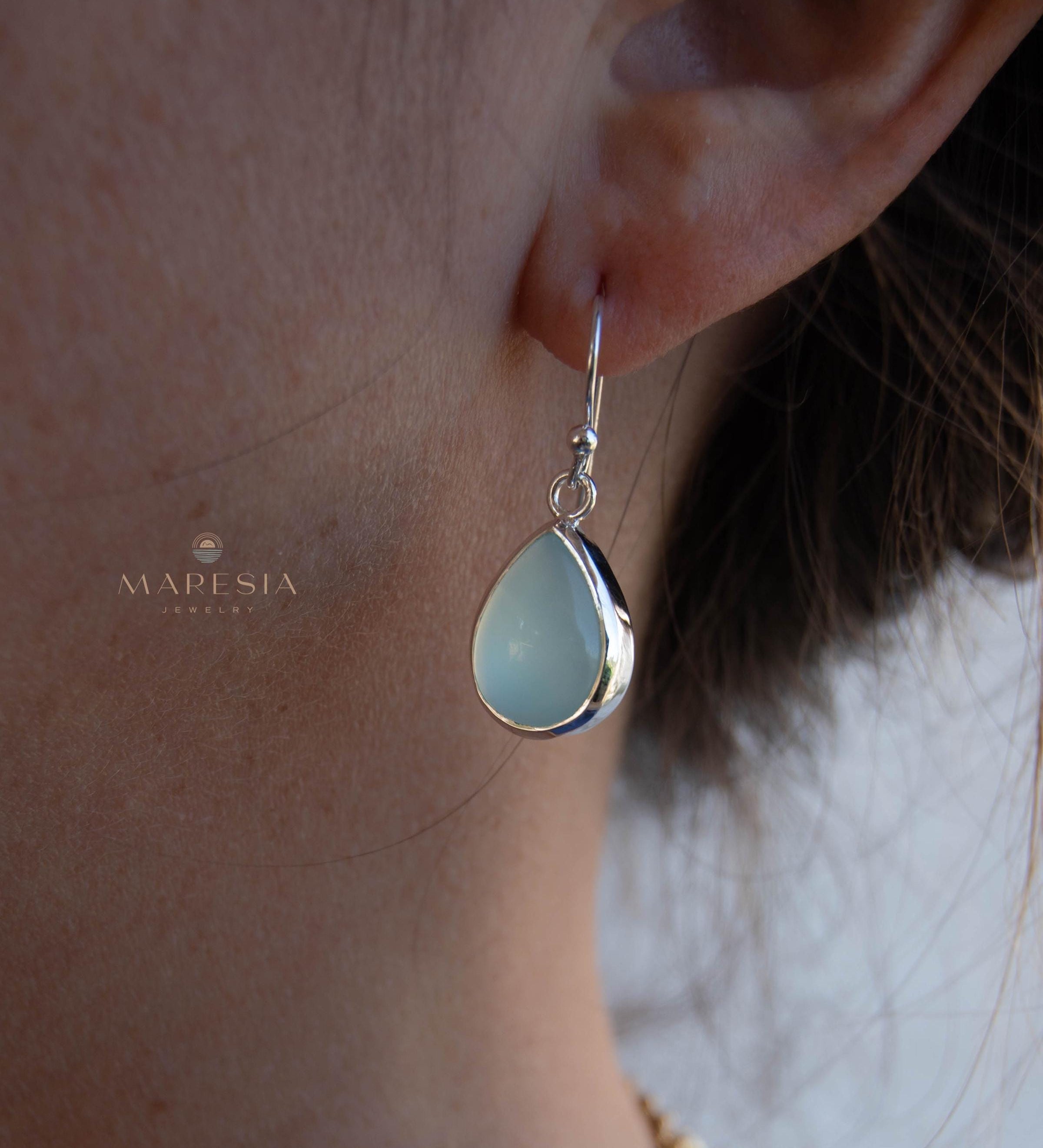 Aqua Chalcedony Earrings~ Sterling Silver 925 ~Dangle Earrings ~Silver Earrings ~Teal Chalcedony ~Tear Drop Gemstone ~ Natural Stone ~ ME007