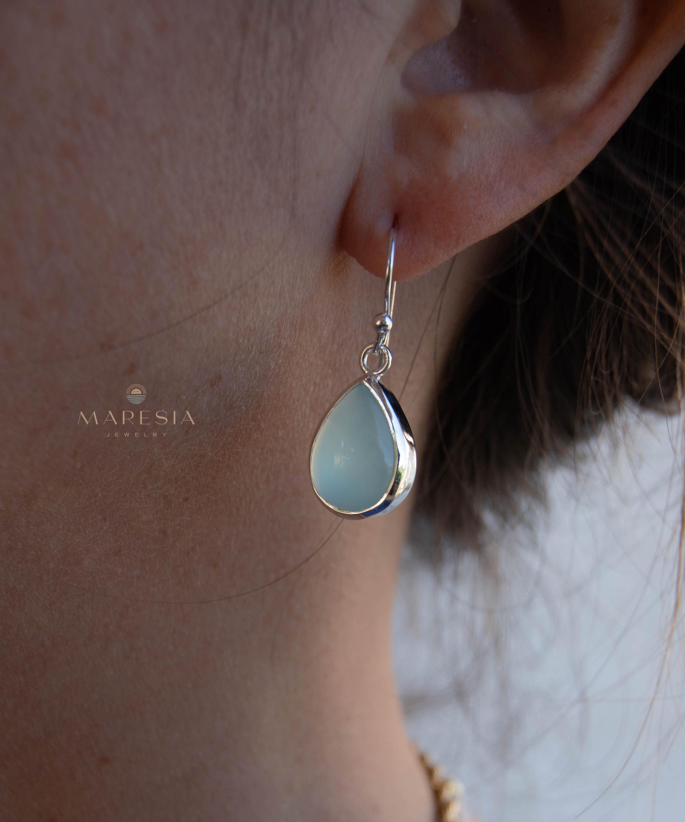 Aqua Chalcedony Earrings~ Sterling Silver 925 ~Dangle Earrings ~Silver Earrings ~Teal Chalcedony ~Tear Drop Gemstone ~ Natural Stone ~ ME007