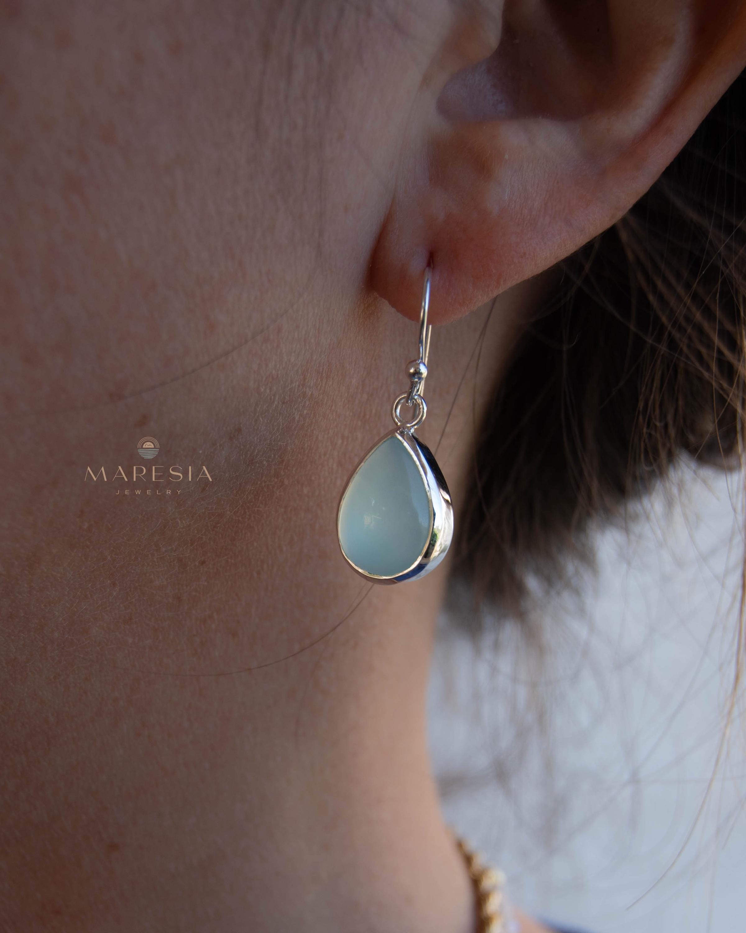 Aqua Chalcedony Earrings~ Sterling Silver 925 ~Dangle Earrings ~Silver Earrings ~Teal Chalcedony ~Tear Drop Gemstone ~ Natural Stone ~ ME007