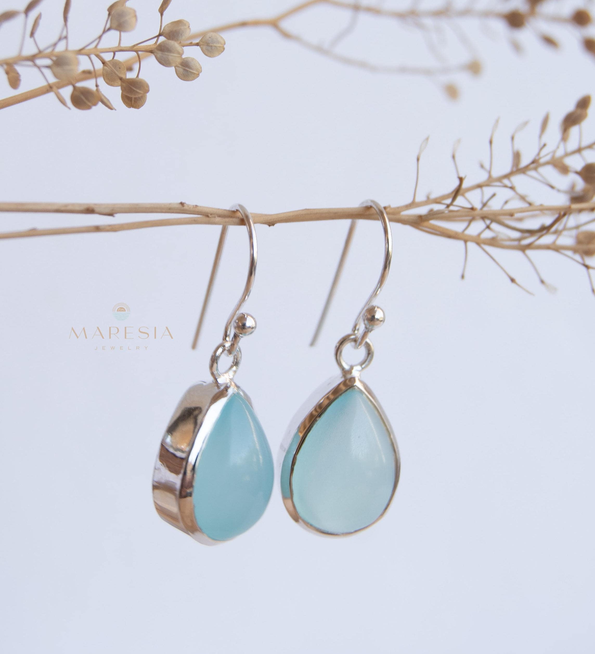 Aqua Chalcedony Earrings~ Sterling Silver 925 ~Dangle Earrings ~Silver Earrings ~Teal Chalcedony ~Tear Drop Gemstone ~ Natural Stone ~ ME007