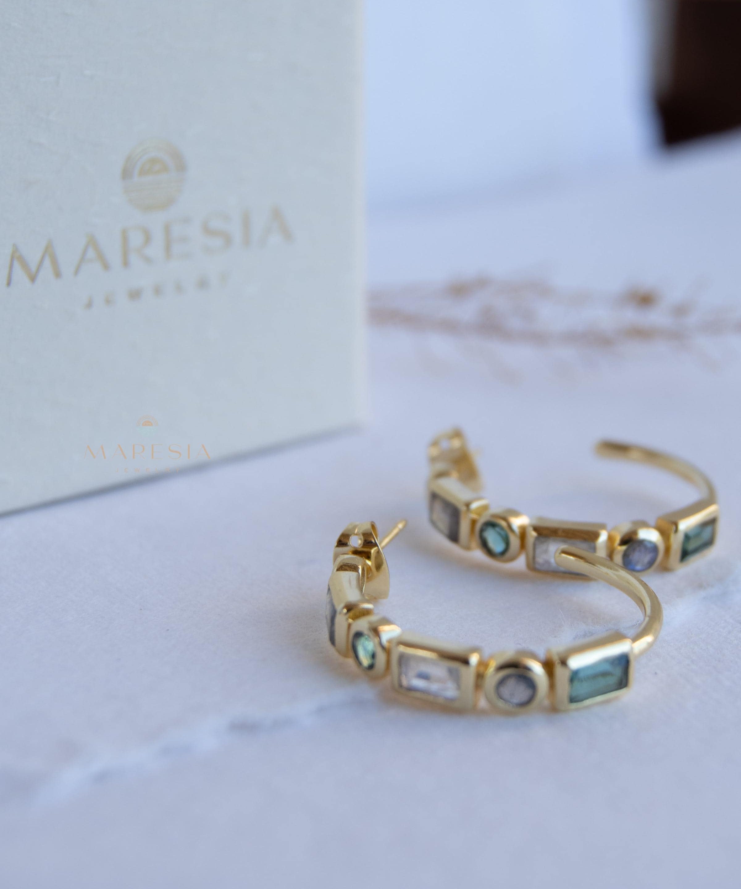 Moonstone, Labradorite & Green tourmaline hydro ~ Hoop Earrings 18k Gold Plated Earrings ~ Gemstone ~ Post ~Boho ~ Handmade~Jewelry ME043