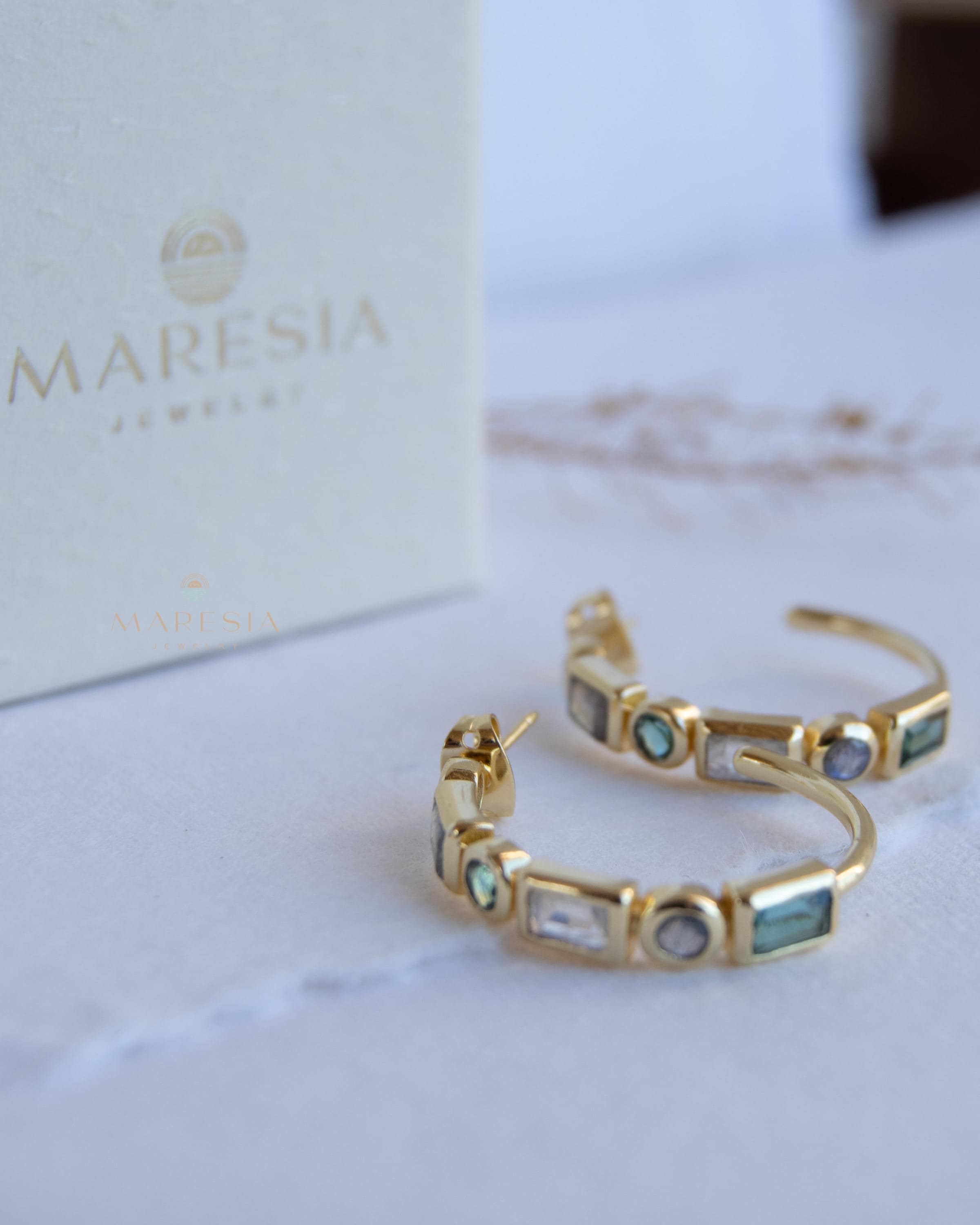 Moonstone, Labradorite & Green tourmaline hydro ~ Hoop Earrings 18k Gold Plated Earrings ~ Gemstone ~ Post ~Boho ~ Handmade~Jewelry ME043