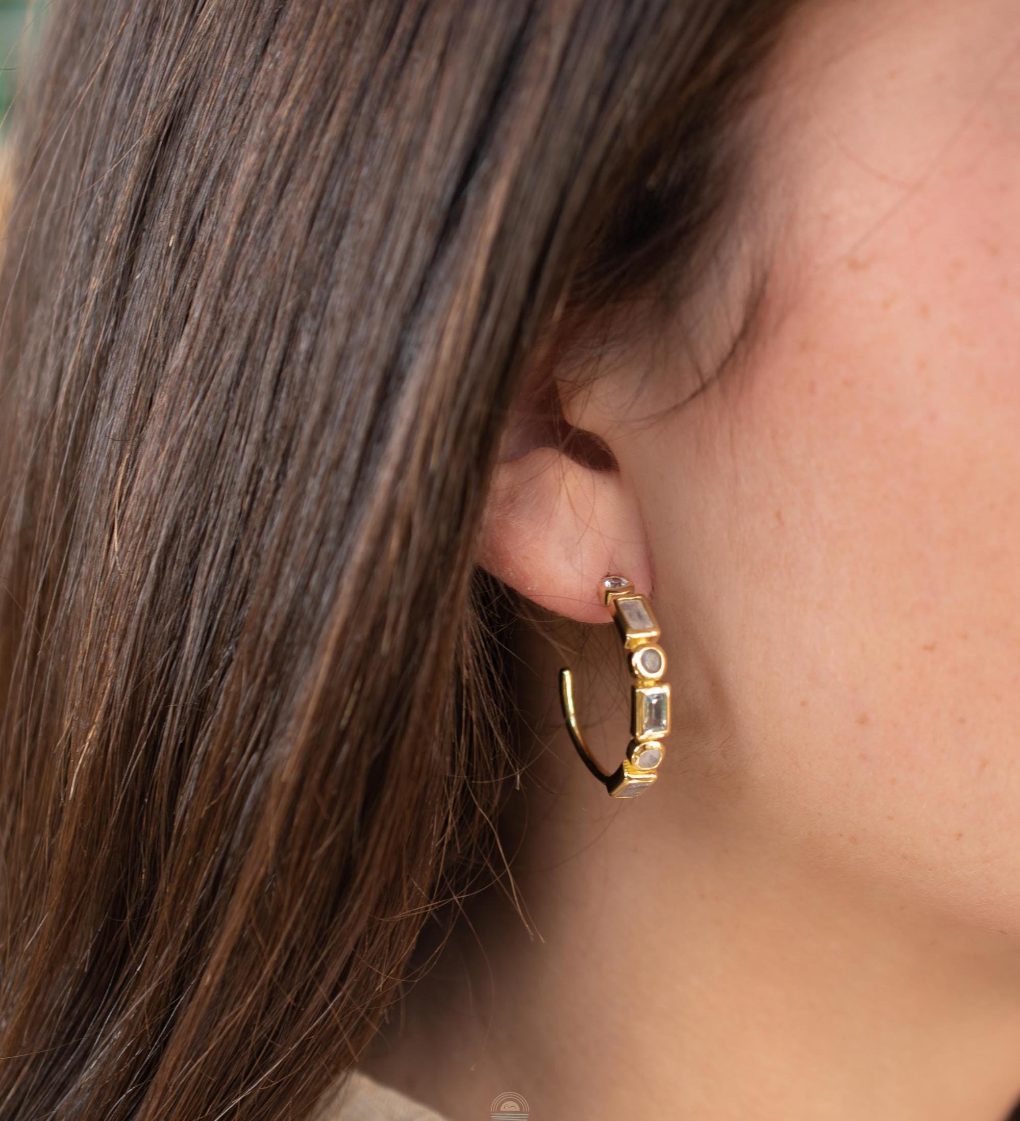 Moonstone, Labradorite & Green tourmaline hydro ~ Hoop Earrings 18k Gold Plated Earrings ~ Gemstone ~ Post ~Boho ~ Handmade~Jewelry ME043