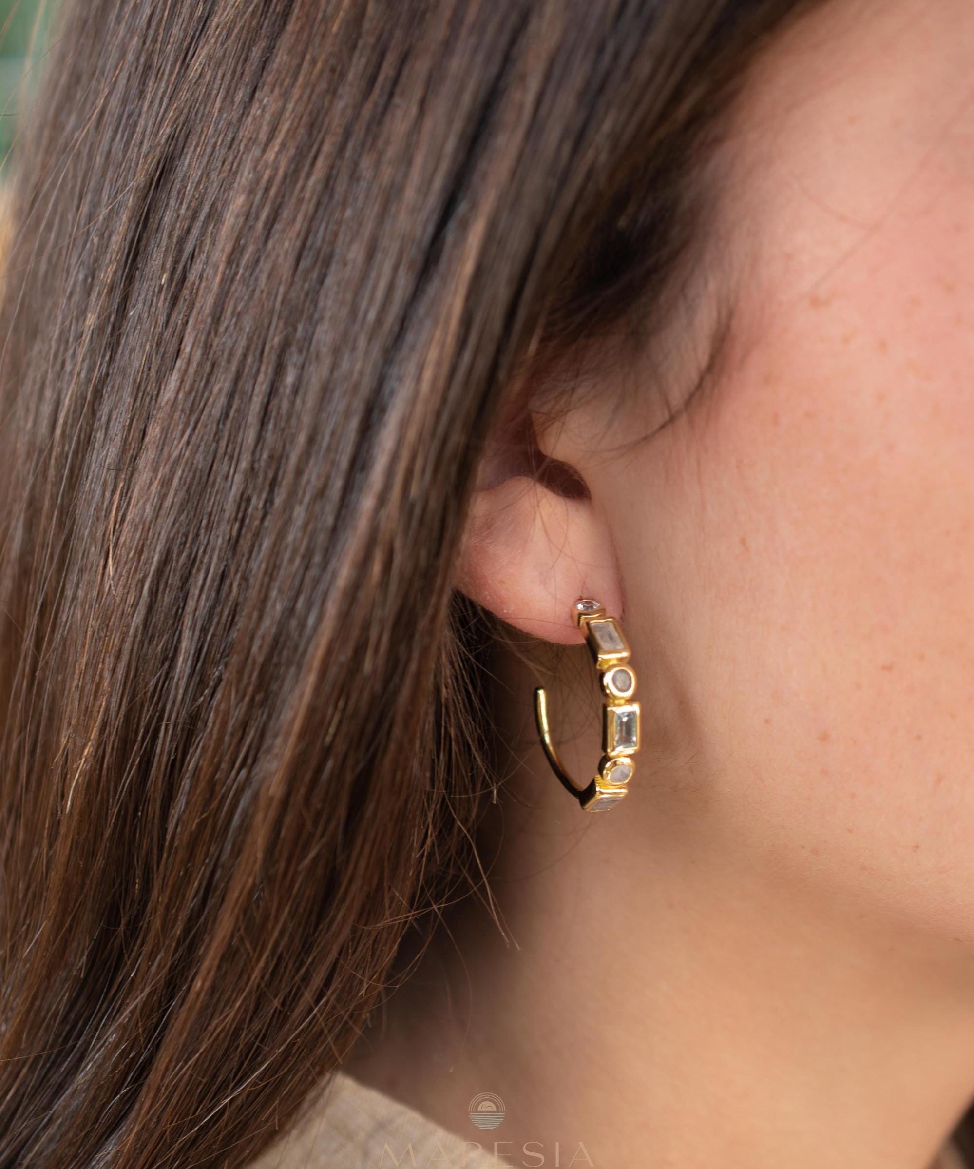 Moonstone, Labradorite & Green tourmaline hydro ~ Hoop Earrings 18k Gold Plated Earrings ~ Gemstone ~ Post ~Boho ~ Handmade~Jewelry ME043