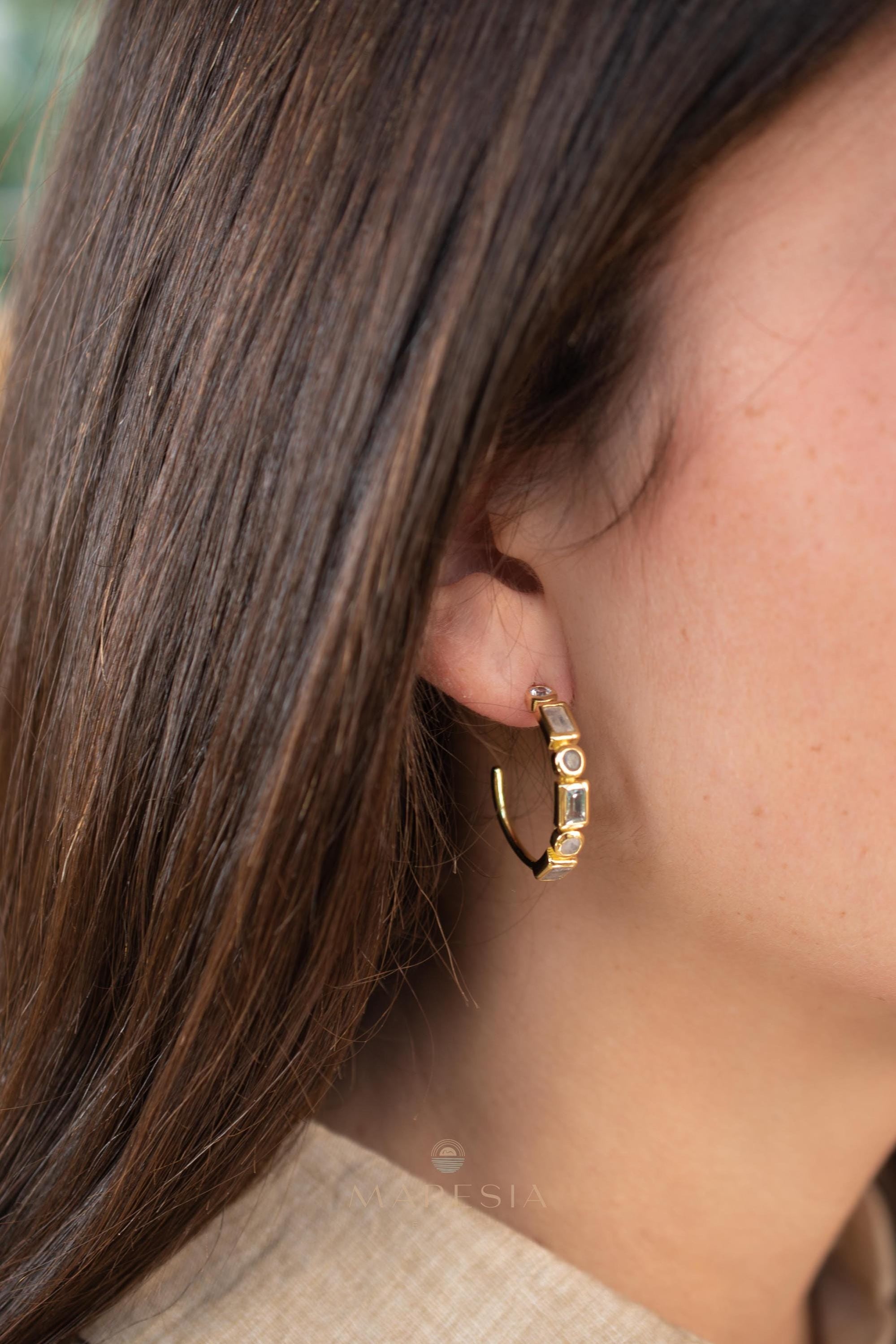 Moonstone, Labradorite & Green tourmaline hydro ~ Hoop Earrings 18k Gold Plated Earrings ~ Gemstone ~ Post ~Boho ~ Handmade~Jewelry ME043
