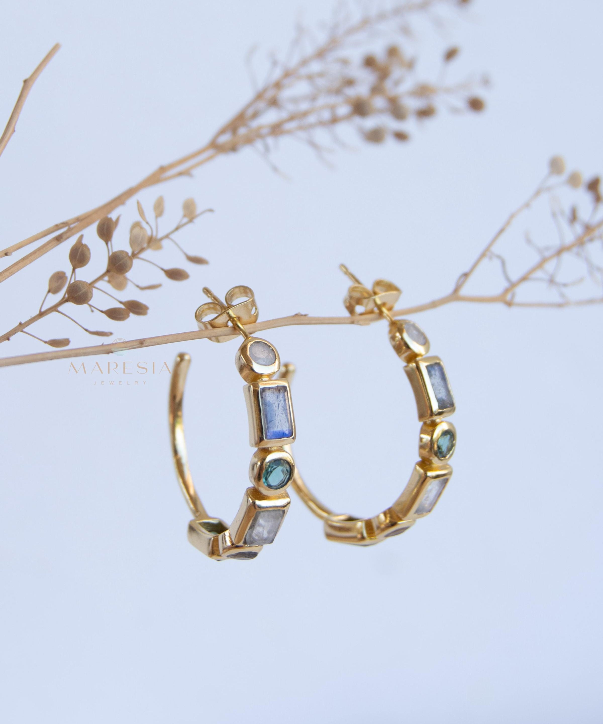 Moonstone, Labradorite & Green tourmaline hydro ~ Hoop Earrings 18k Gold Plated Earrings ~ Gemstone ~ Post ~Boho ~ Handmade~Jewelry ME043