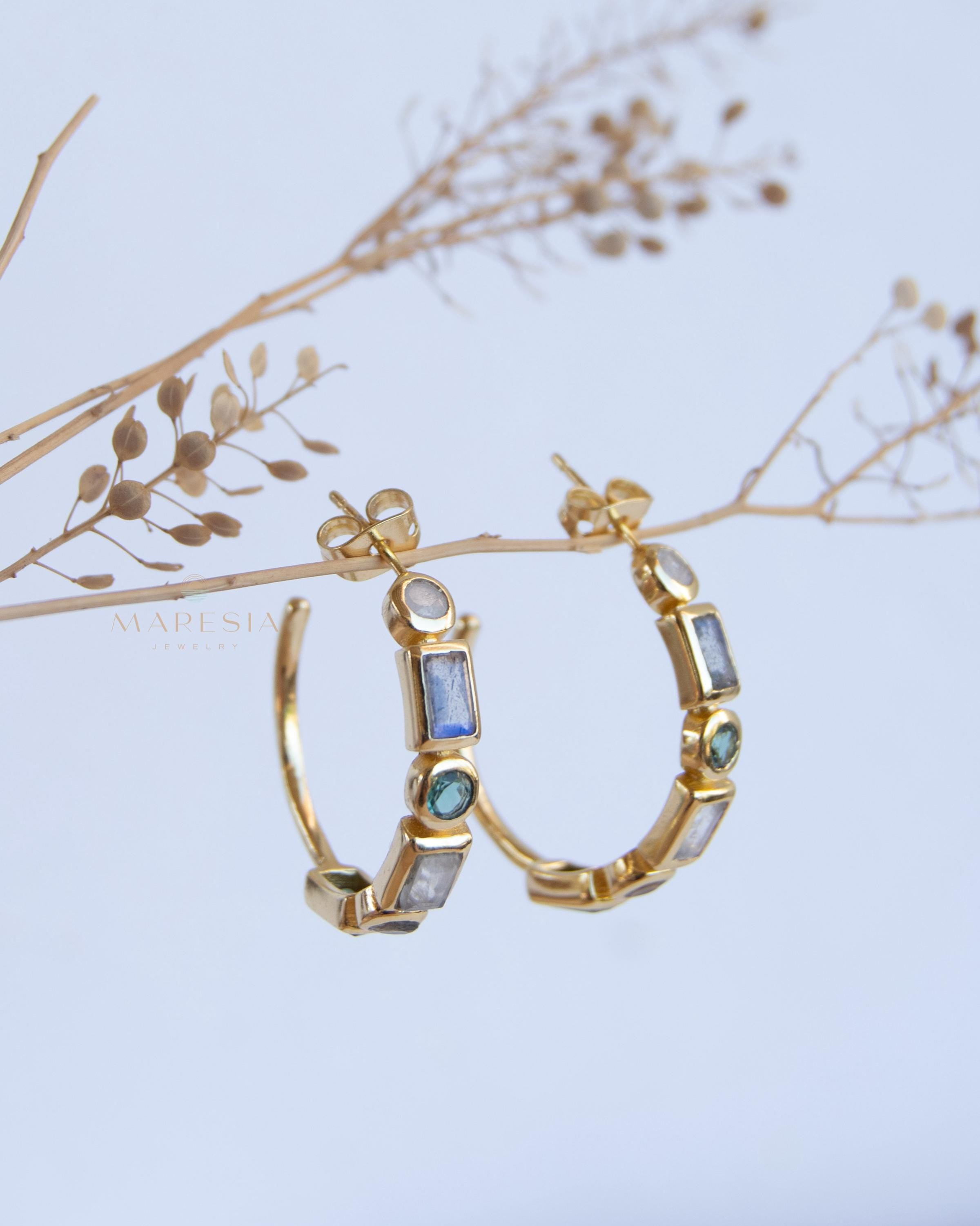 Moonstone, Labradorite & Green tourmaline hydro ~ Hoop Earrings 18k Gold Plated Earrings ~ Gemstone ~ Post ~Boho ~ Handmade~Jewelry ME043