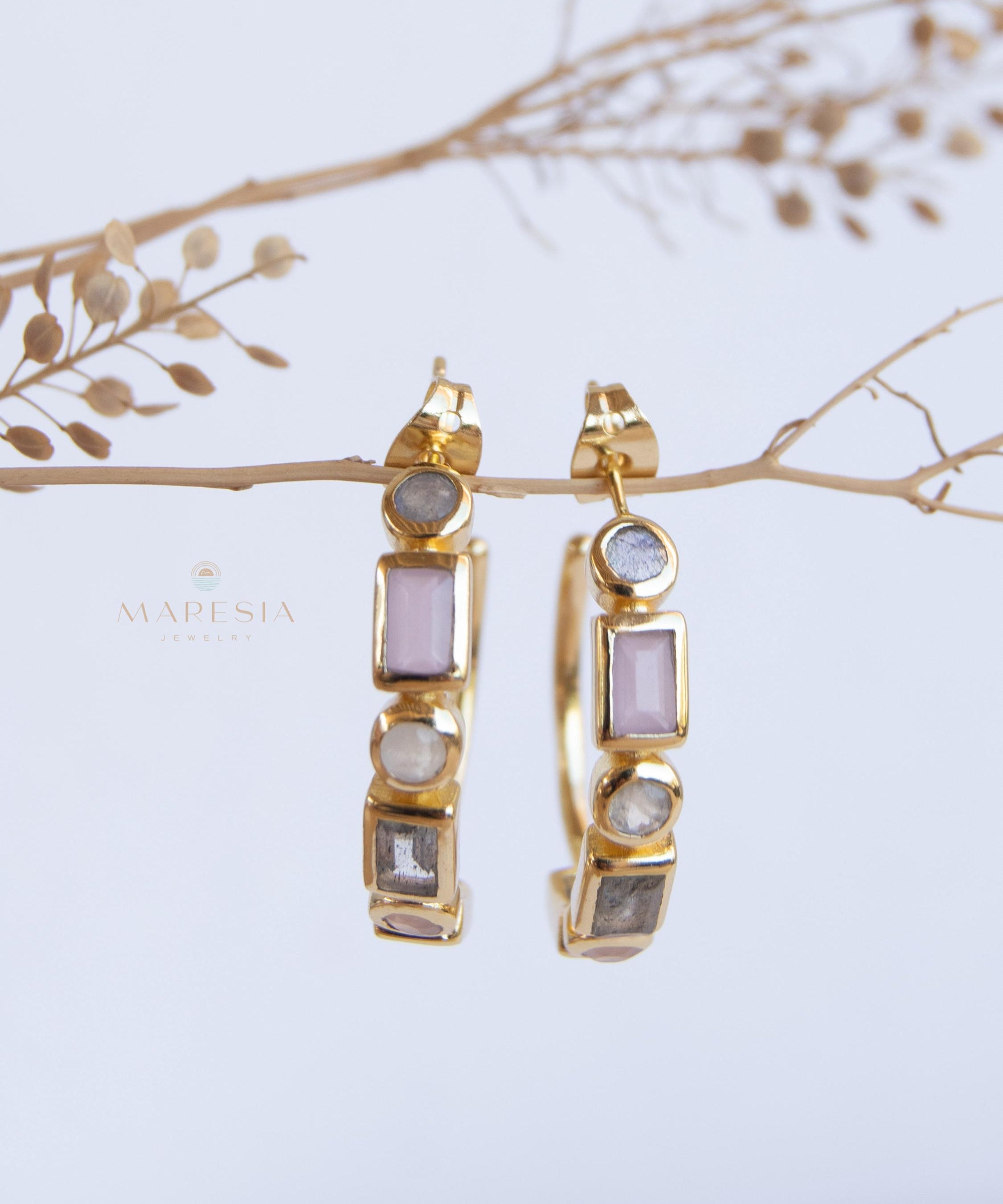 Moonstone, Labradorite & Rose Quartz ~ Hoop Earrings 18k Gold Plated Earrings ~ Gemstone ~ Post ~Boho ~ Handmade~Jewelry ME042