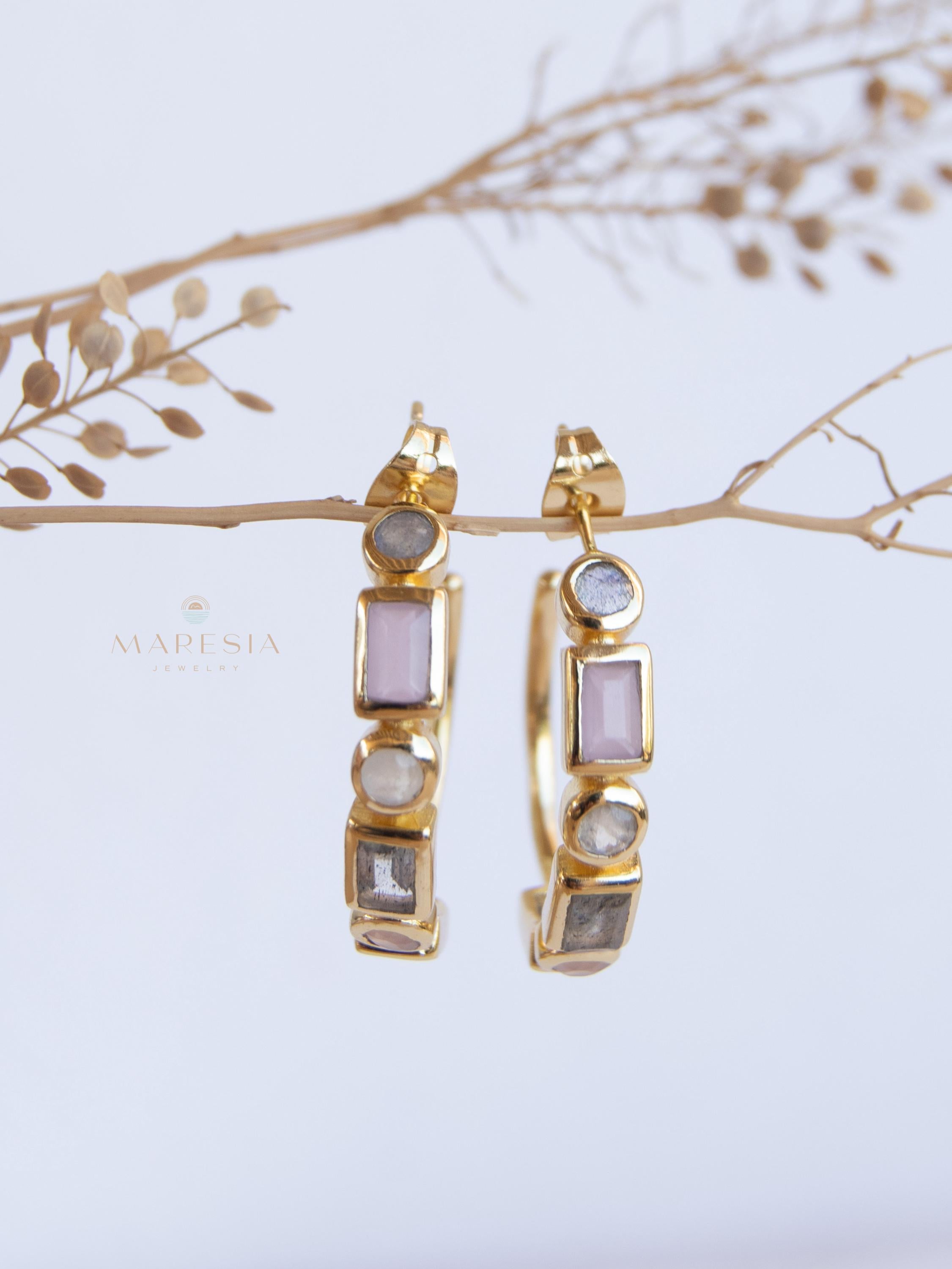 Moonstone, Labradorite & Rose Quartz ~ Hoop Earrings 18k Gold Plated Earrings ~ Gemstone ~ Post ~Boho ~ Handmade~Jewelry ME042