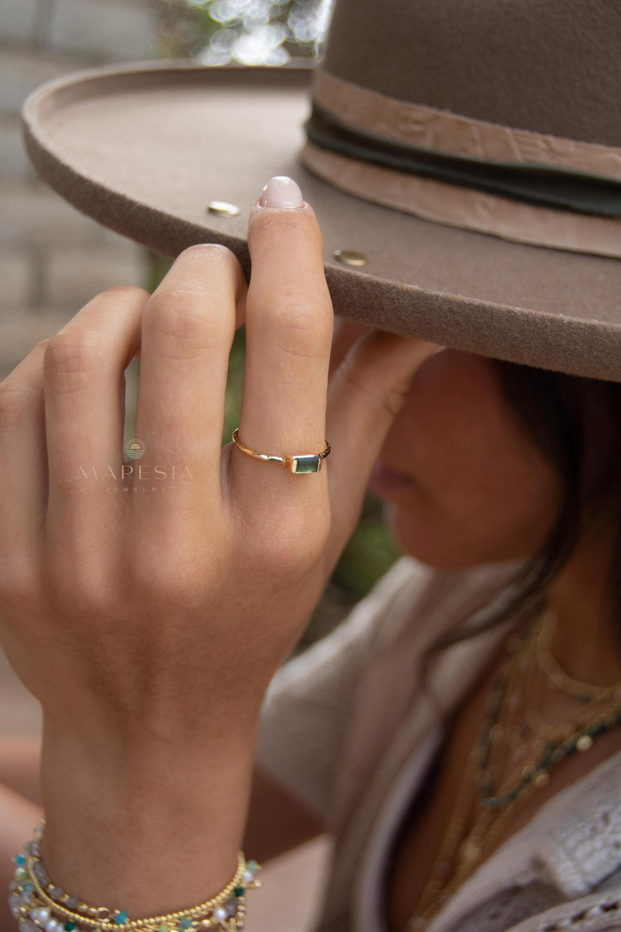 Green Tourmaline Hydro Ring ~ Rectangular Stone ~ 18k Gold Plated ~ Jewelry ~ Handmade ~ Boho ~ MR364