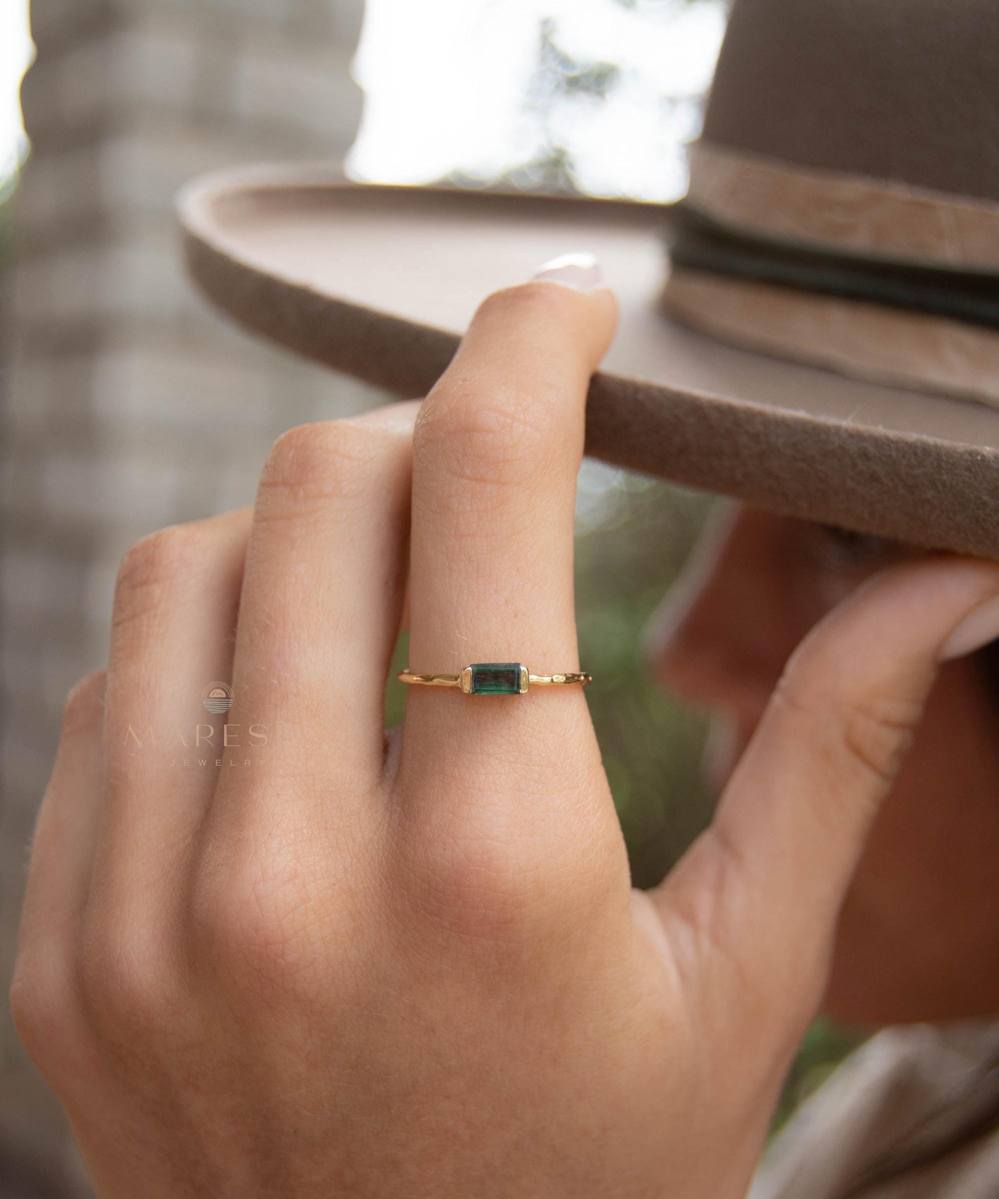 Green Tourmaline Hydro Ring ~ Rectangular Stone ~ 18k Gold Plated ~ Jewelry ~ Handmade ~ Boho ~ MR364