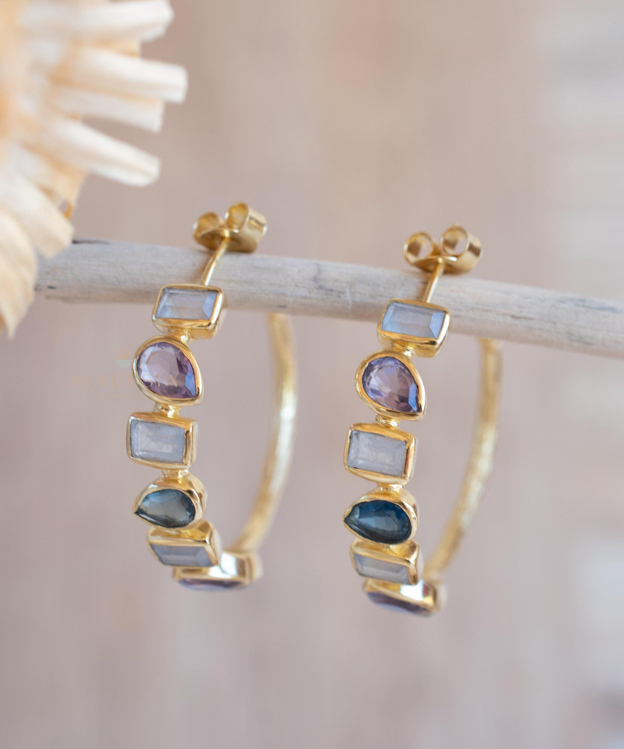 Moonstone, Amethyst hydro and Iolite hydro~ Hoop Earrings 18k Gold Plated Earrings ~Post ~Boho~Handmade~Delicate~ Everyday Jewelry ME153