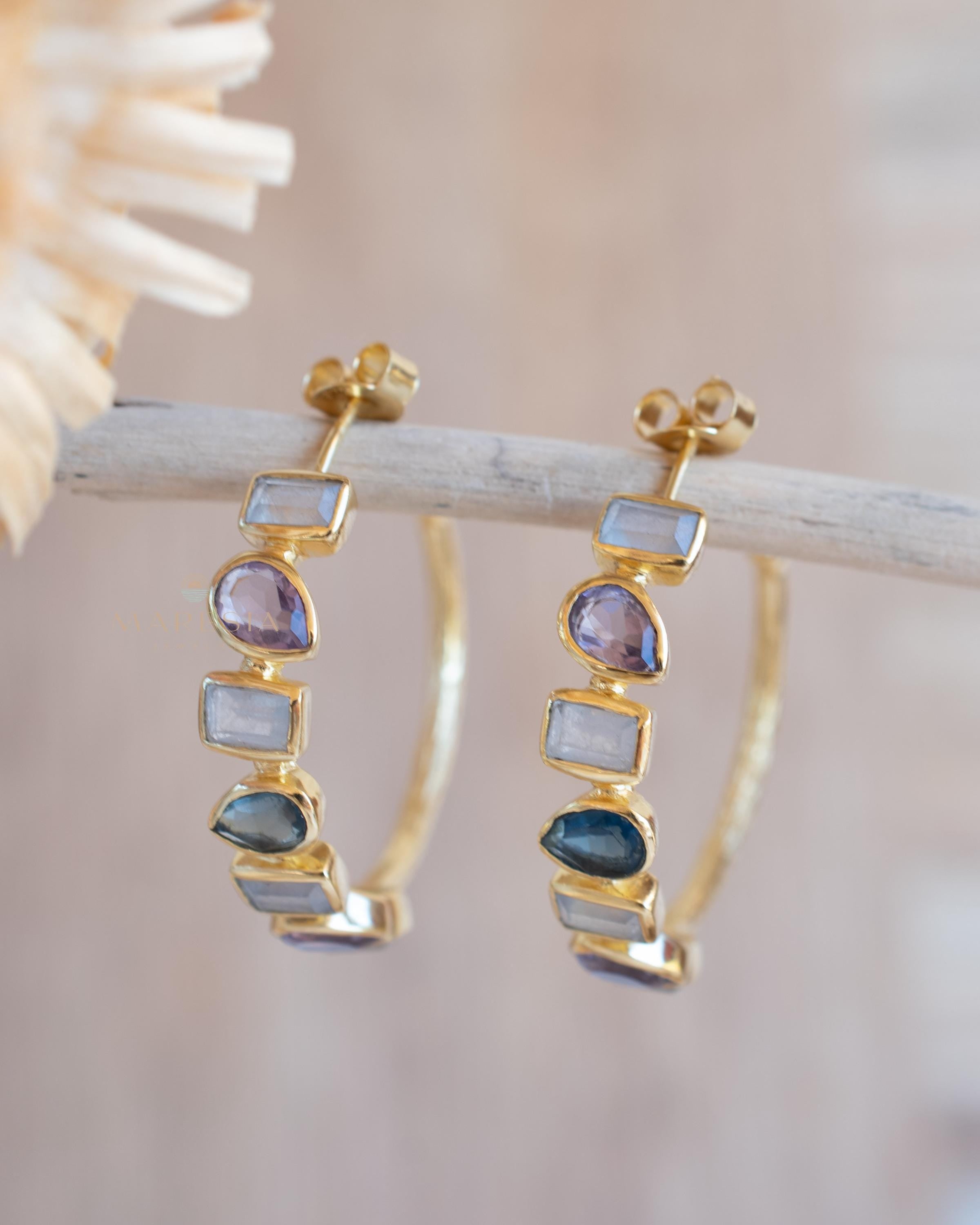 Moonstone, Amethyst hydro and Iolite hydro~ Hoop Earrings 18k Gold Plated Earrings ~Post ~Boho~Handmade~Delicate~ Everyday Jewelry ME153