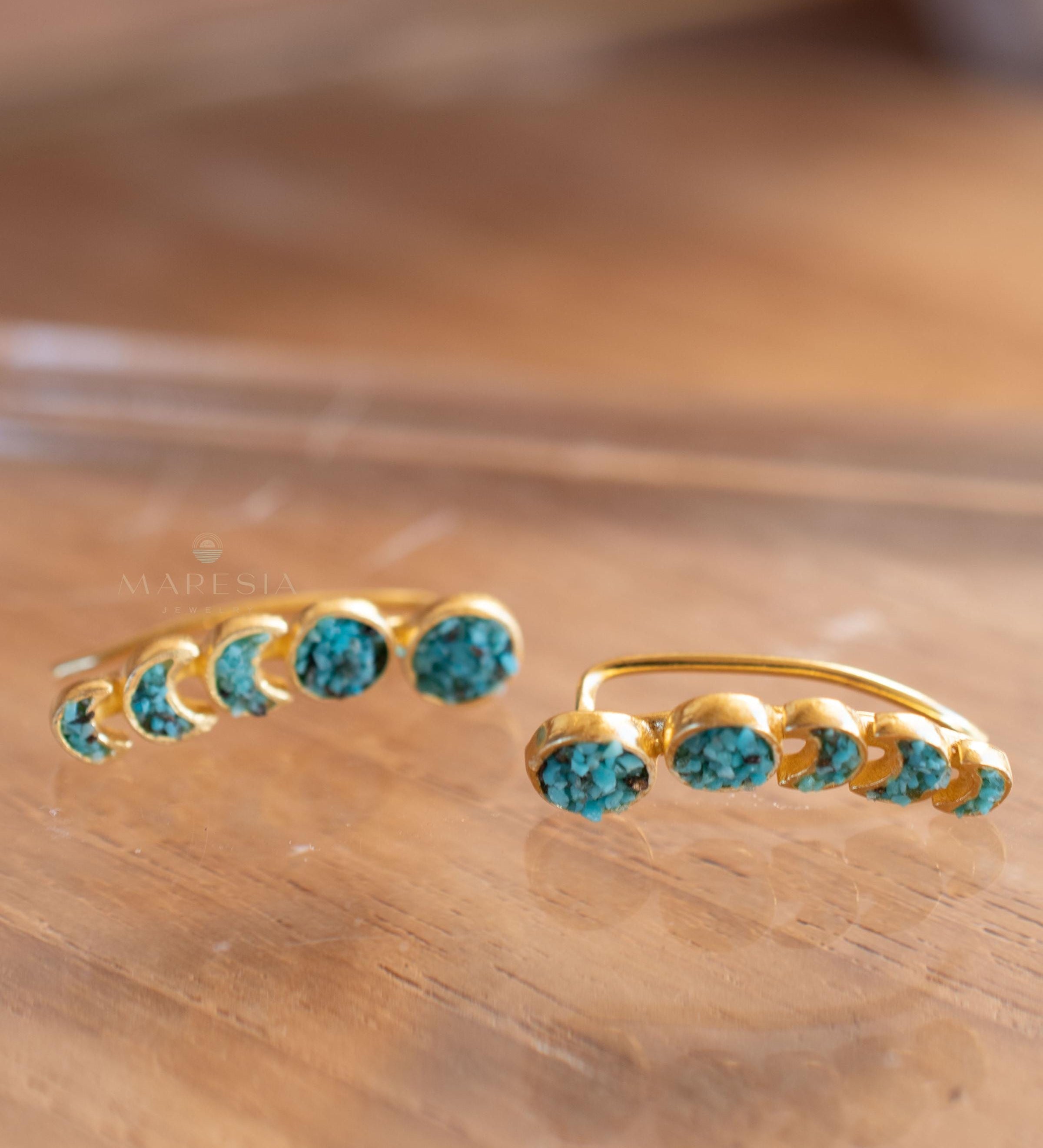 Crushed Turquoise Ear Climber Earrings ~ Stud~Jewelry~ 18k Gold Plated ~ Natural ~ Minimalist Everyday ~ Gift for Her ~ Boho ~ Hippie ~ME058