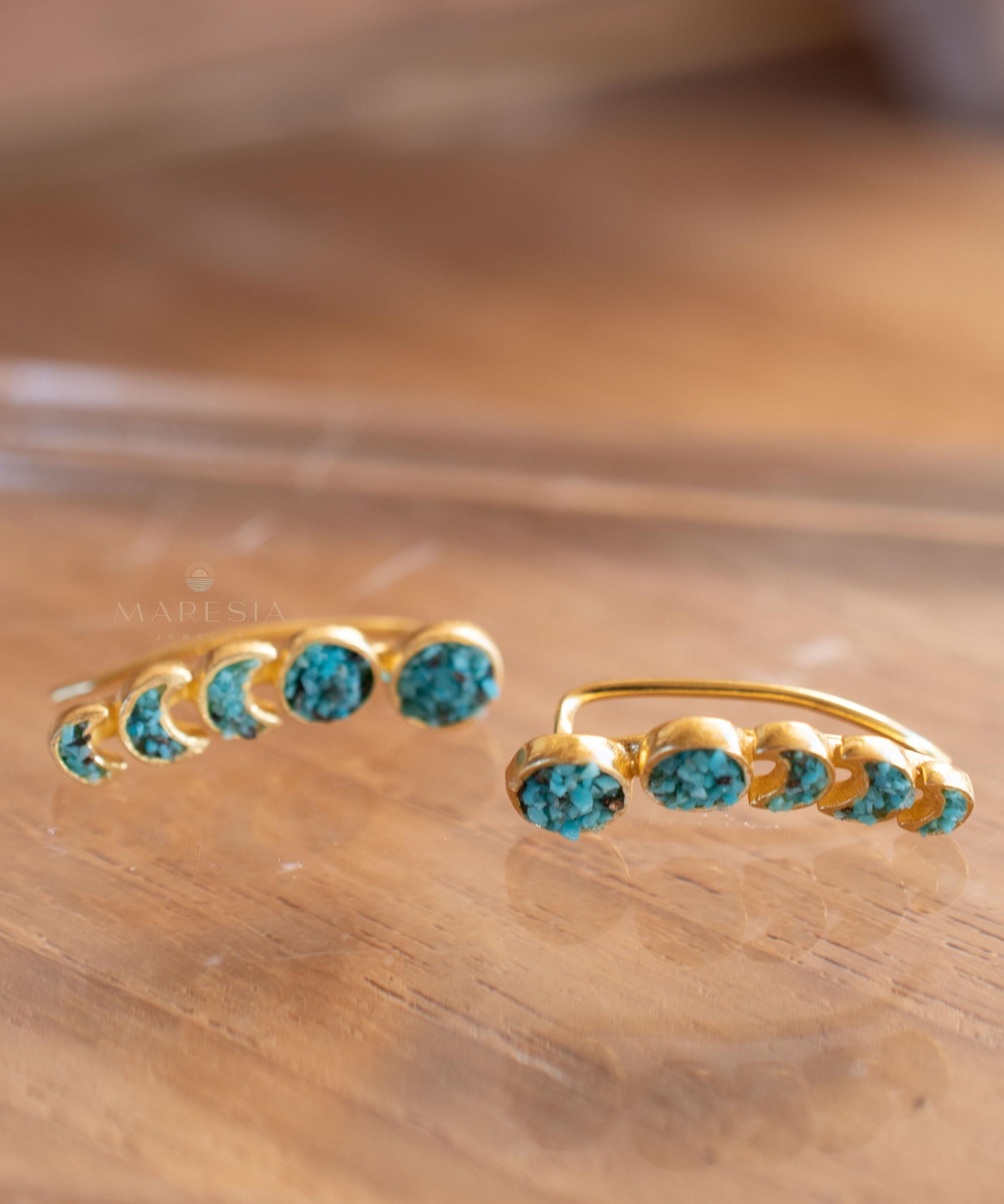 Crushed Turquoise Ear Climber Earrings ~ Stud~Jewelry~ 18k Gold Plated ~ Natural ~ Minimalist Everyday ~ Gift for Her ~ Boho ~ Hippie ~ME058