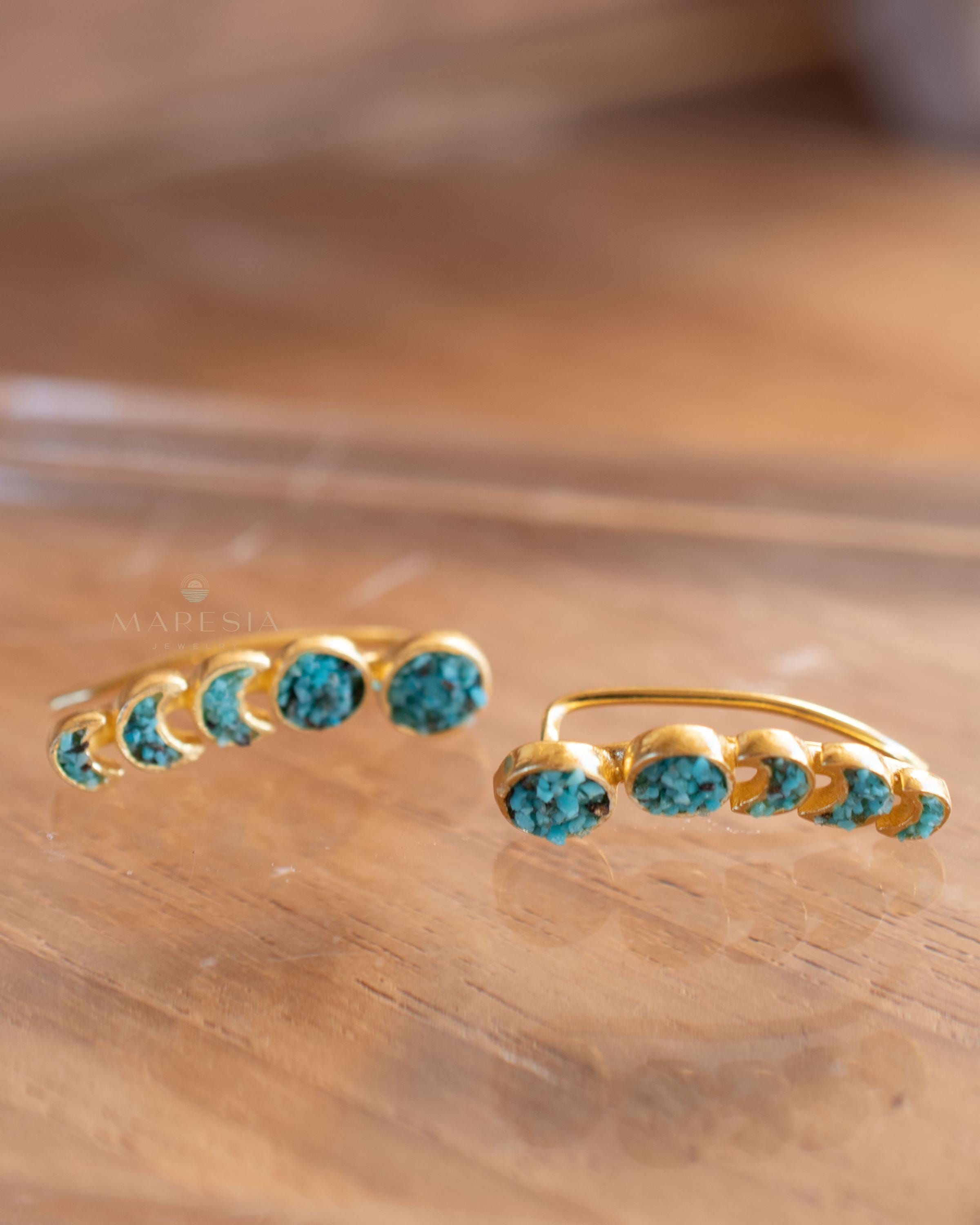 Crushed Turquoise Ear Climber Earrings ~ Stud~Jewelry~ 18k Gold Plated ~ Natural ~ Minimalist Everyday ~ Gift for Her ~ Boho ~ Hippie ~ME058