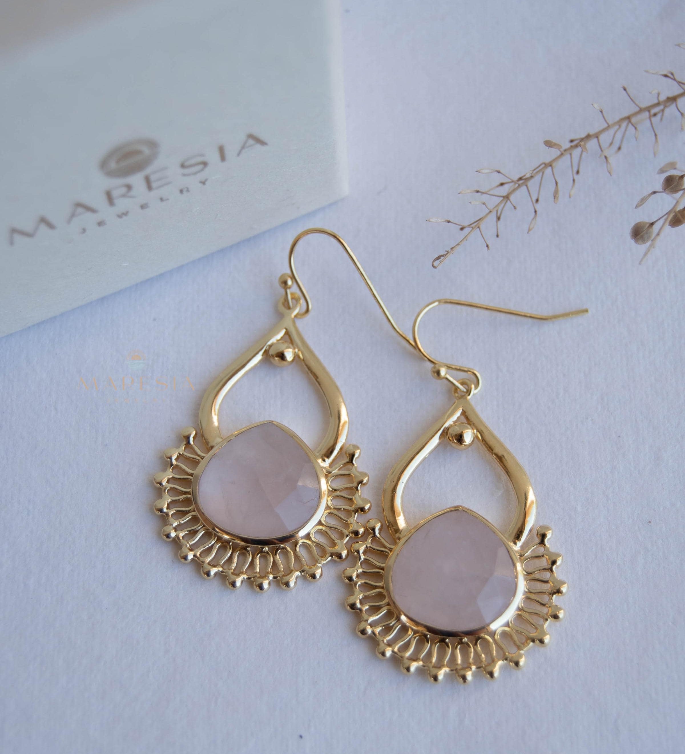 Rose Quartz 18k Gold Plated Earrings ~ Gemstone ~ Dangle Earrings ~ Handmade ~ Jewelry ~ Gift for her ~ ME187