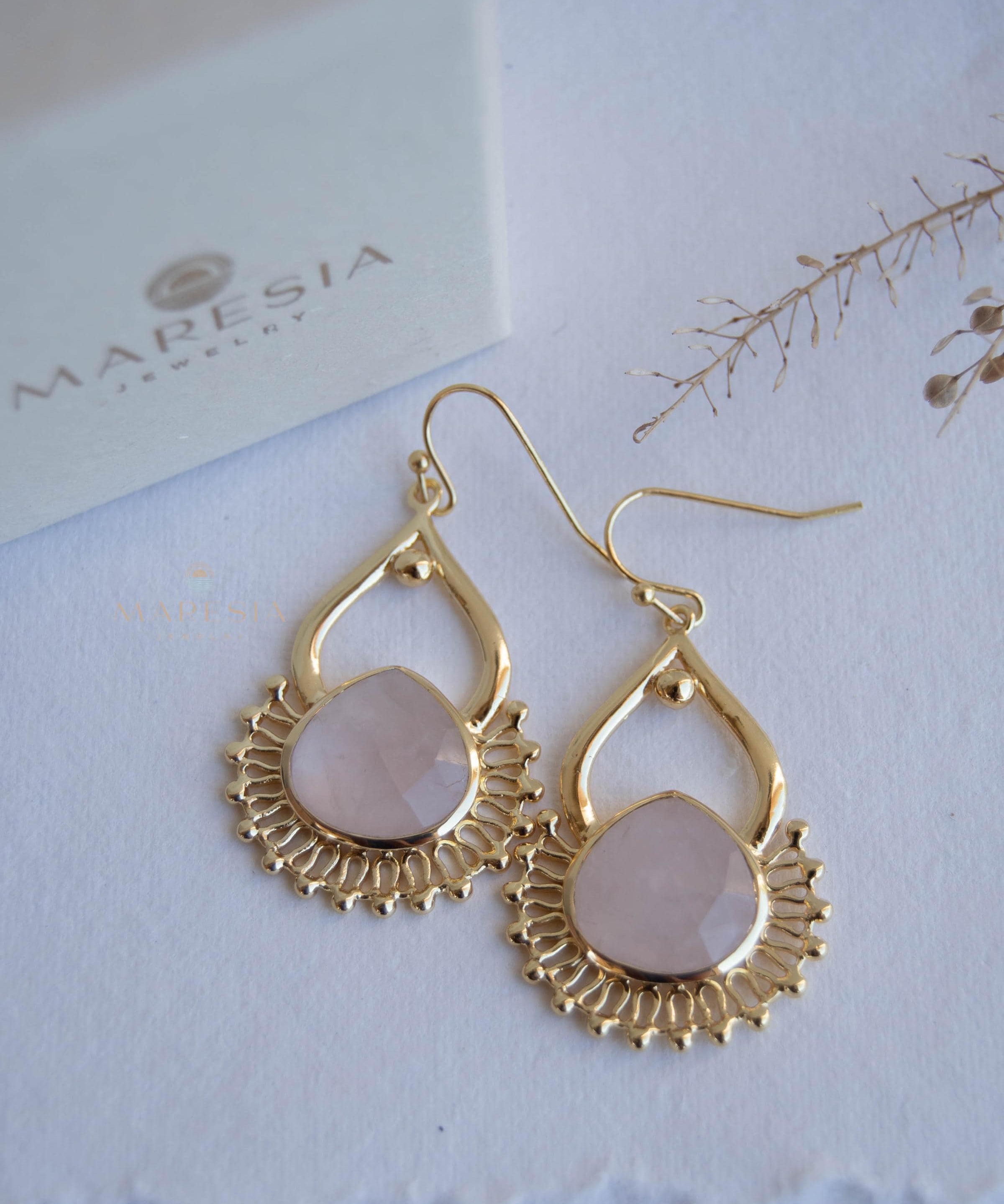 Rose Quartz 18k Gold Plated Earrings ~ Gemstone ~ Dangle Earrings ~ Handmade ~ Jewelry ~ Gift for her ~ ME187