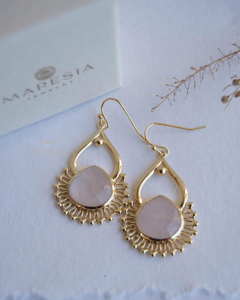 Rose Quartz 18k Gold Plated Earrings ~ Gemstone ~ Dangle Earrings ~ Handmade ~ Jewelry ~ Gift for her ~ ME187