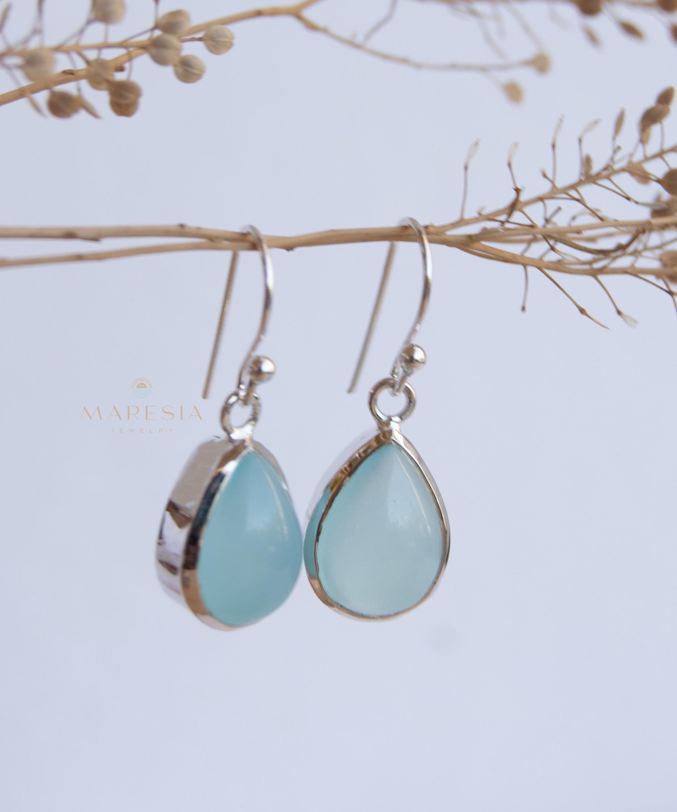 Aqua Chalcedony Earrings~ Sterling Silver 925 ~Dangle Earrings ~Silver Earrings ~Teal Chalcedony ~Tear Drop Gemstone ~ Natural Stone ~ ME007