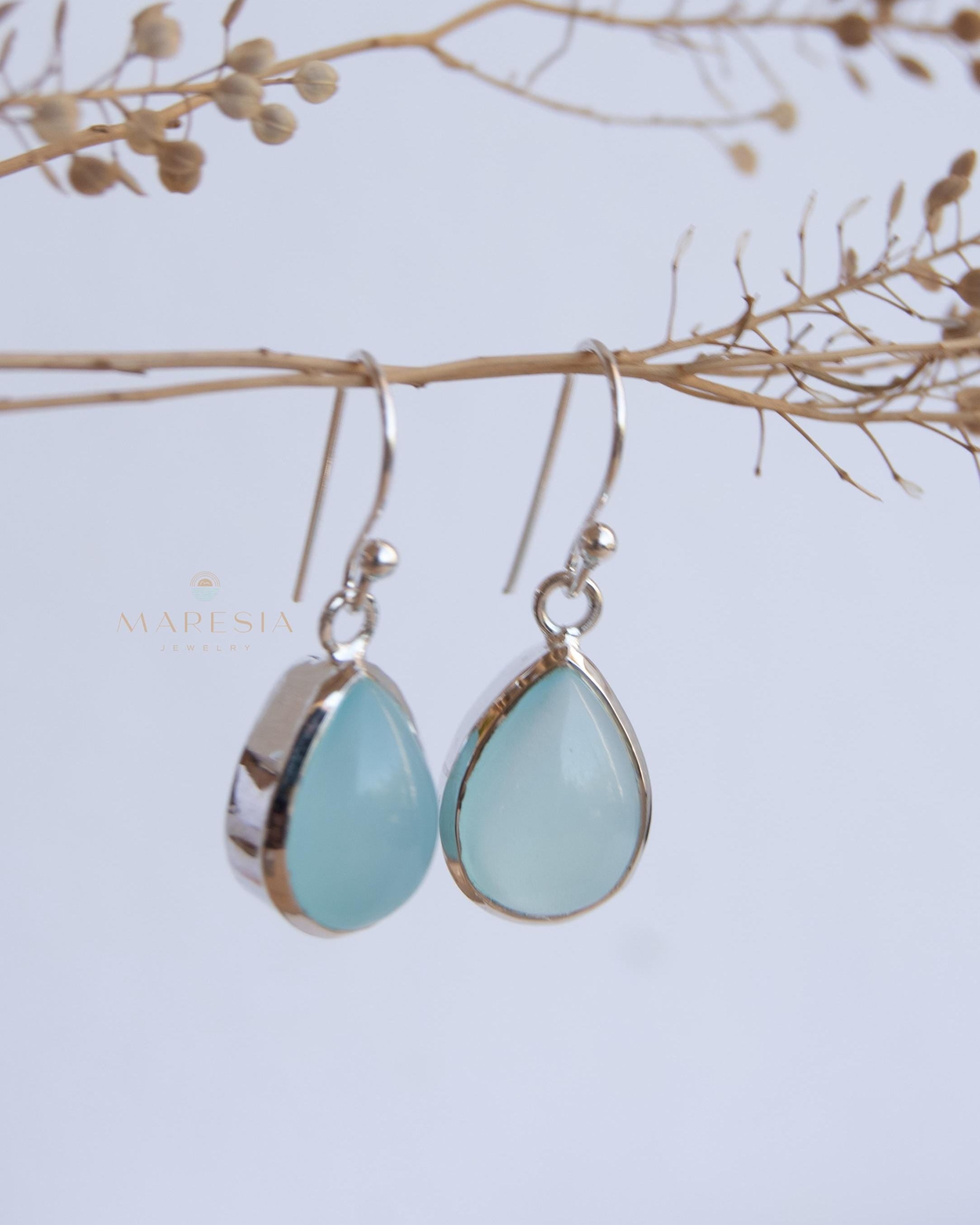 Aqua Chalcedony Earrings~ Sterling Silver 925 ~Dangle Earrings ~Silver Earrings ~Teal Chalcedony ~Tear Drop Gemstone ~ Natural Stone ~ ME007