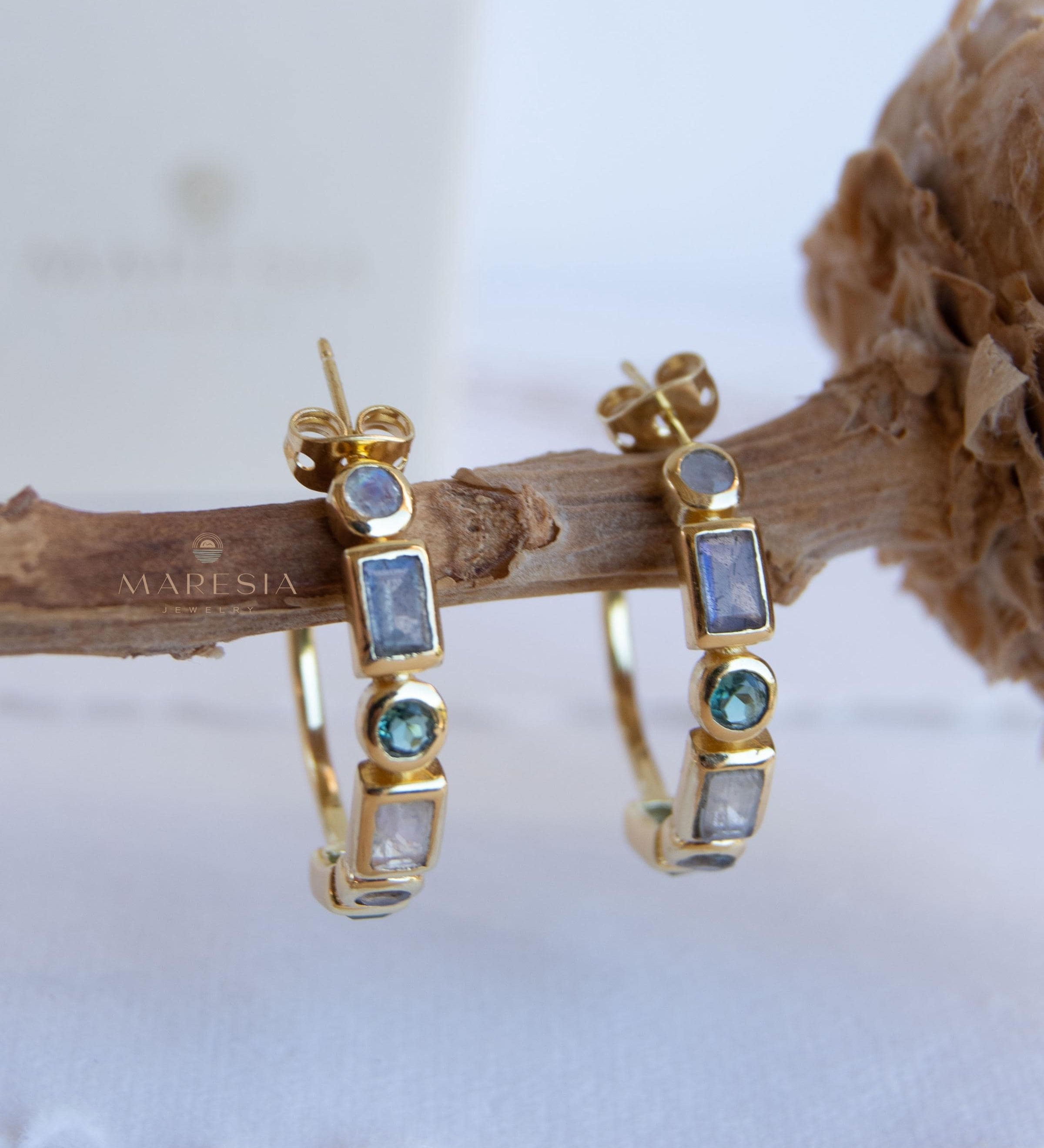 Moonstone, Labradorite & Green tourmaline hydro ~ Hoop Earrings 18k Gold Plated Earrings ~ Gemstone ~ Post ~Boho ~ Handmade~Jewelry ME043