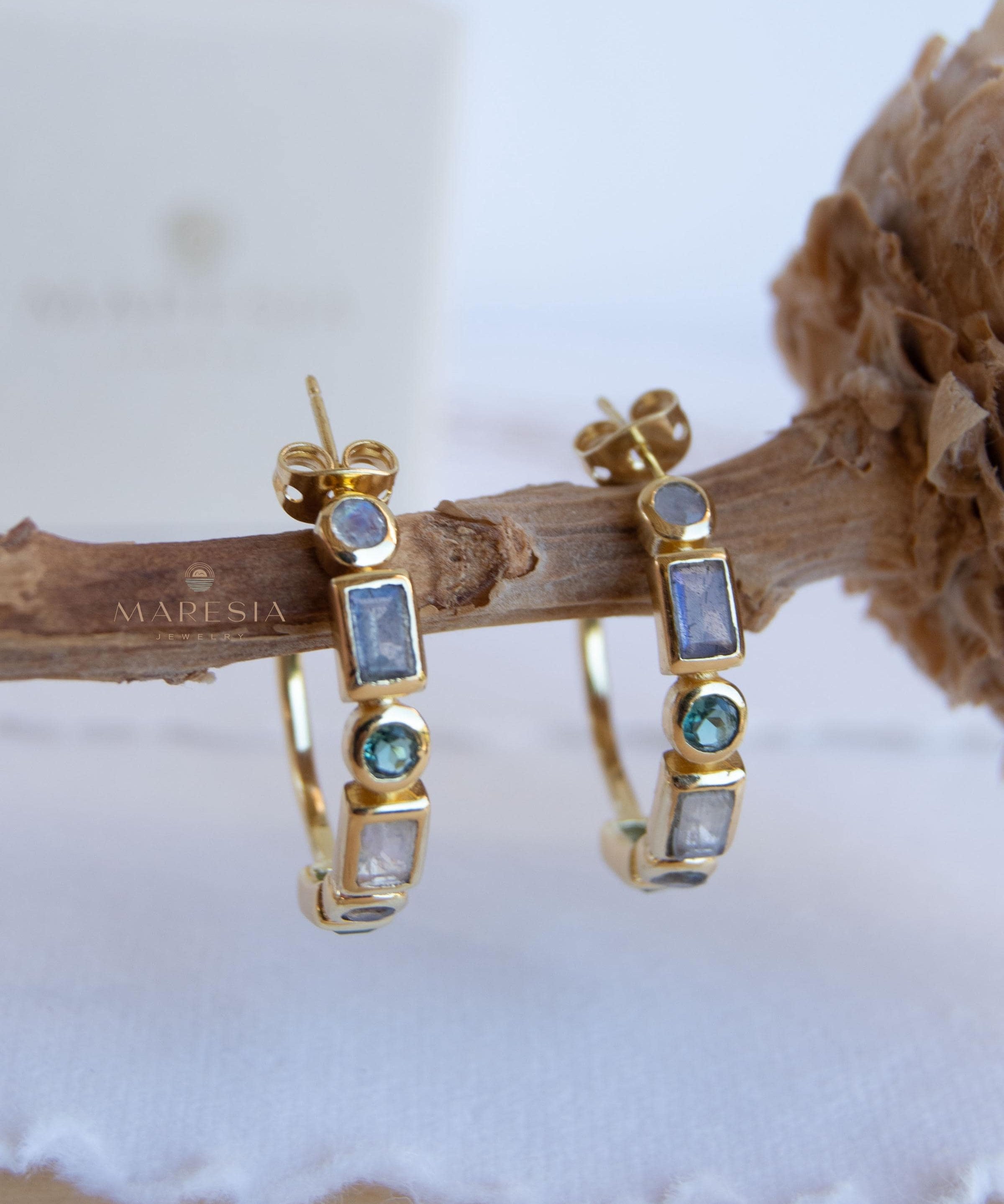 Moonstone, Labradorite & Green tourmaline hydro ~ Hoop Earrings 18k Gold Plated Earrings ~ Gemstone ~ Post ~Boho ~ Handmade~Jewelry ME043