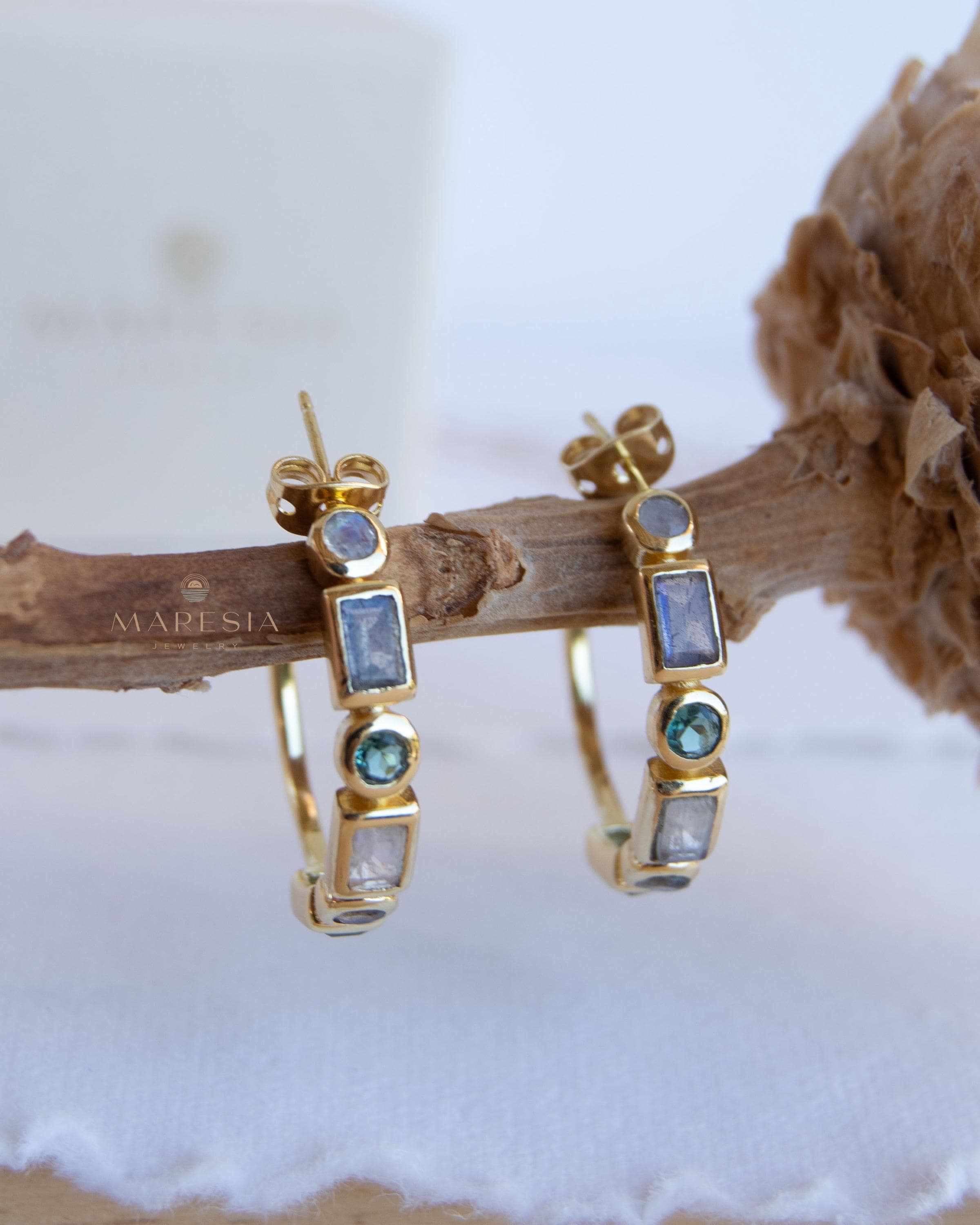 Moonstone, Labradorite & Green tourmaline hydro ~ Hoop Earrings 18k Gold Plated Earrings ~ Gemstone ~ Post ~Boho ~ Handmade~Jewelry ME043