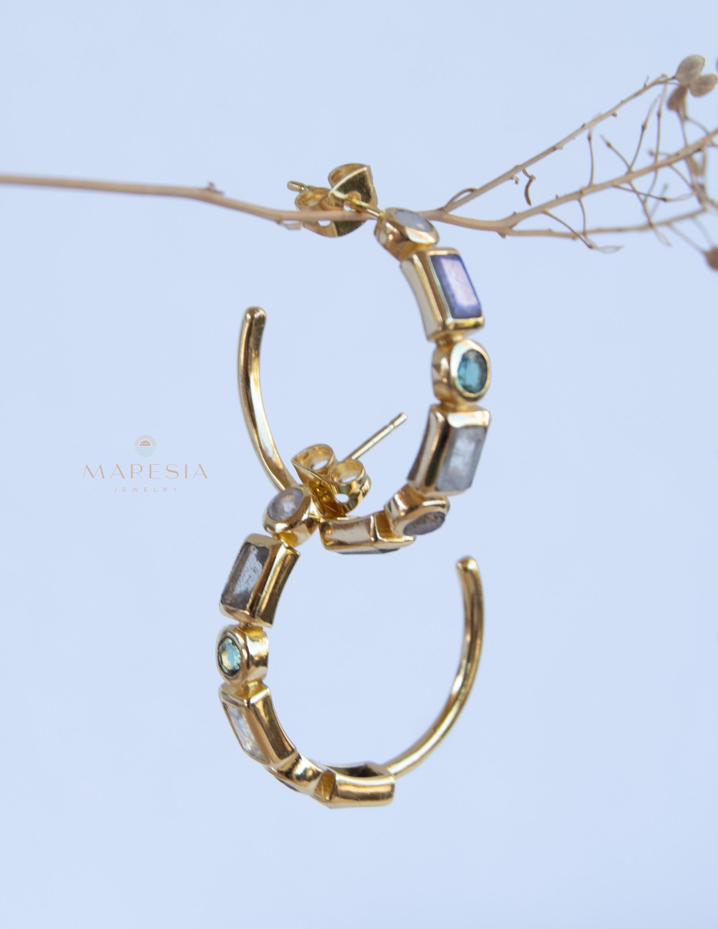 Moonstone, Labradorite & Green tourmaline hydro ~ Hoop Earrings 18k Gold Plated Earrings ~ Gemstone ~ Post ~Boho ~ Handmade~Jewelry ME043