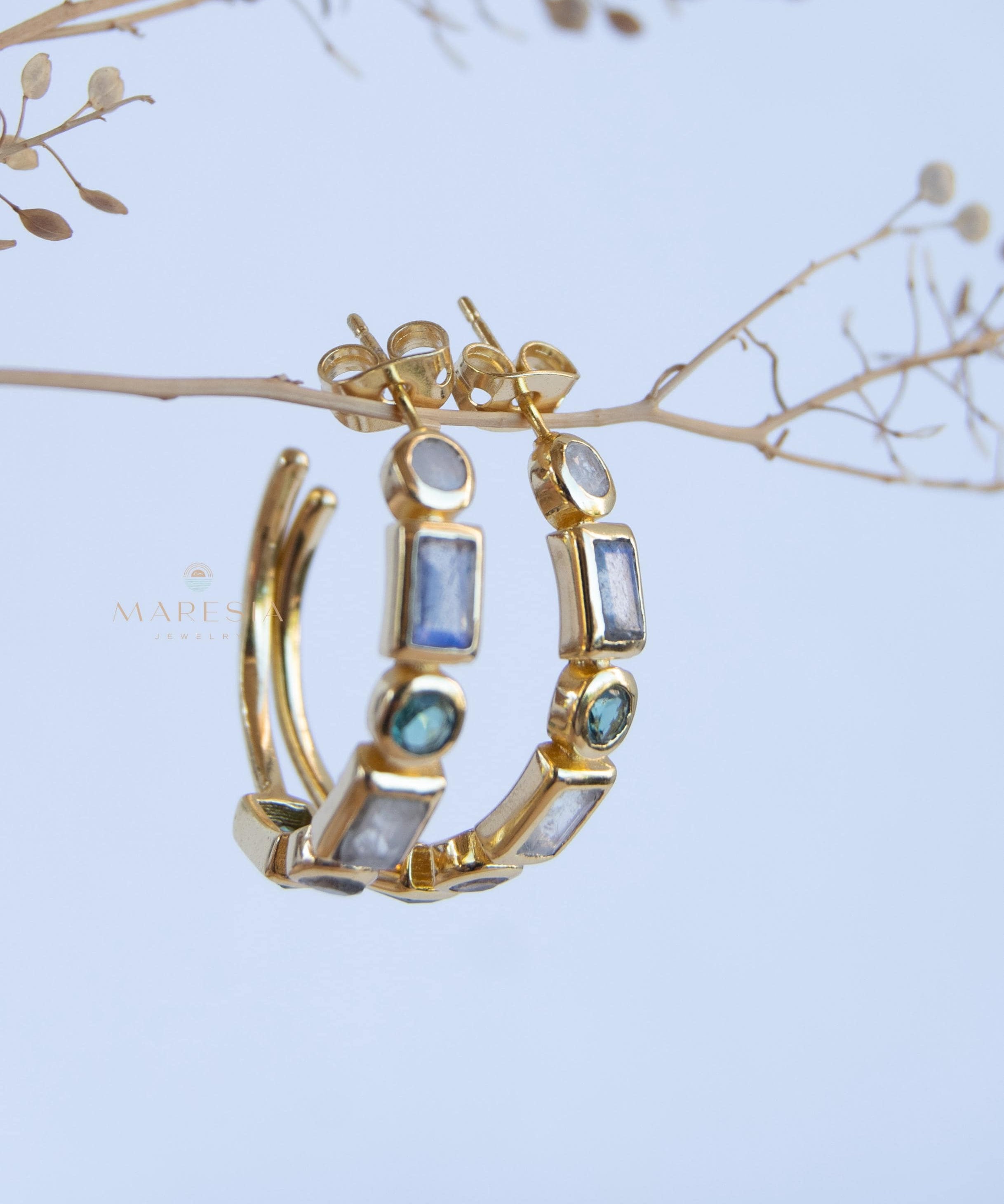 Moonstone, Labradorite & Green tourmaline hydro ~ Hoop Earrings 18k Gold Plated Earrings ~ Gemstone ~ Post ~Boho ~ Handmade~Jewelry ME043