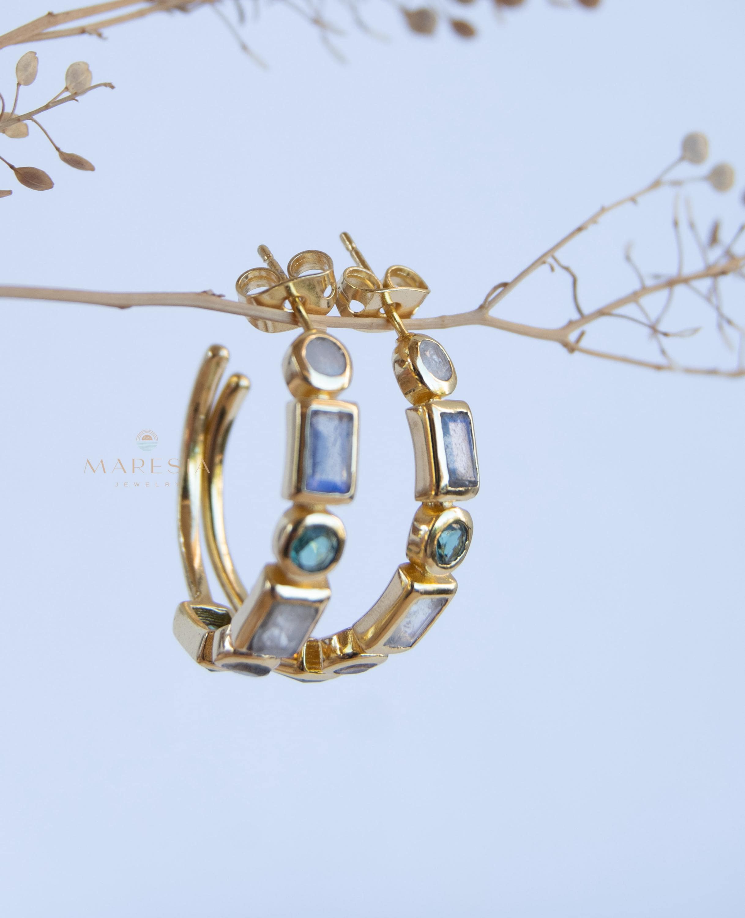 Moonstone, Labradorite & Green tourmaline hydro ~ Hoop Earrings 18k Gold Plated Earrings ~ Gemstone ~ Post ~Boho ~ Handmade~Jewelry ME043