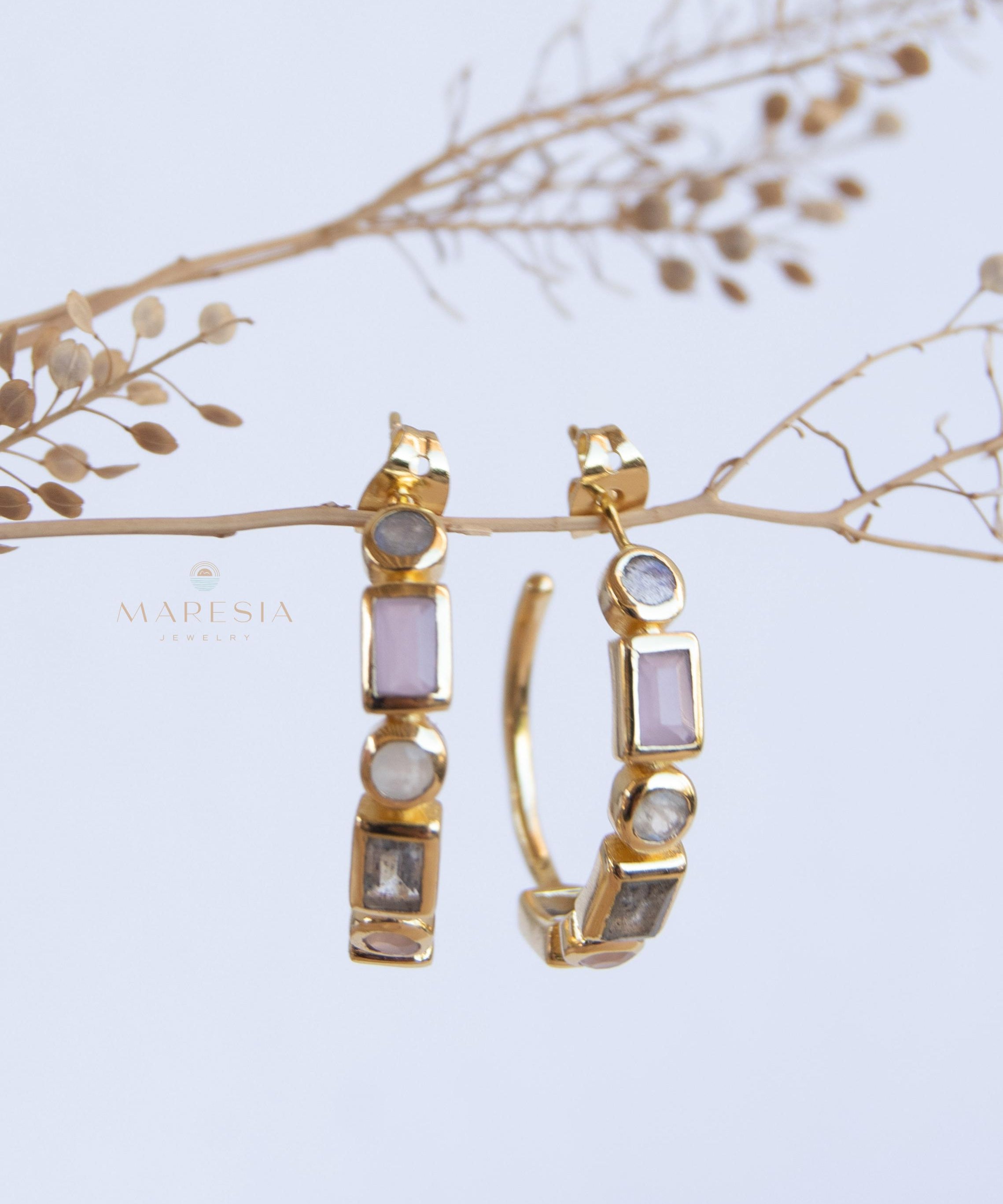 Moonstone, Labradorite & Rose Quartz ~ Hoop Earrings 18k Gold Plated Earrings ~ Gemstone ~ Post ~Boho ~ Handmade~Jewelry ME042