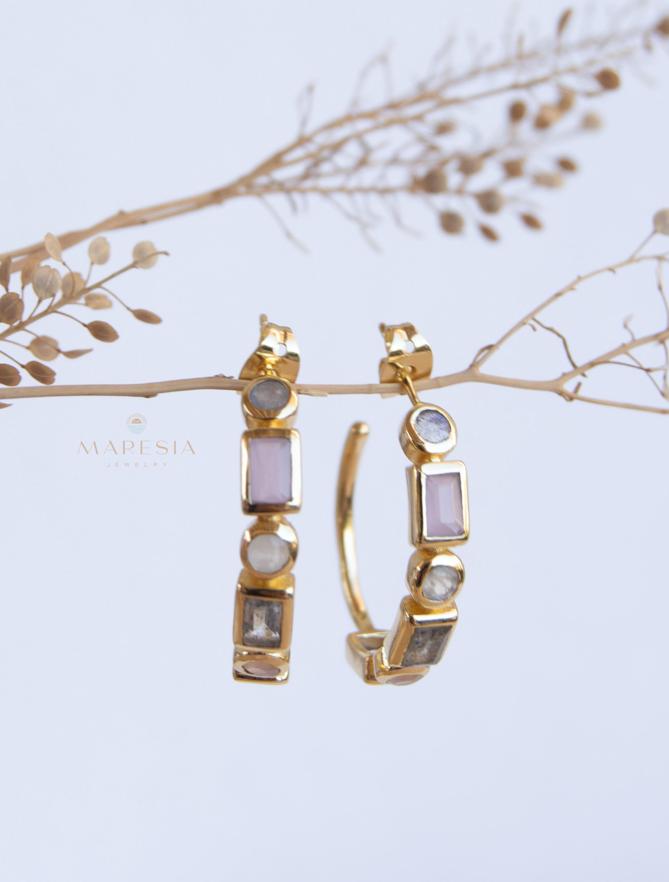 Moonstone, Labradorite & Rose Quartz ~ Hoop Earrings 18k Gold Plated Earrings ~ Gemstone ~ Post ~Boho ~ Handmade~Jewelry ME042