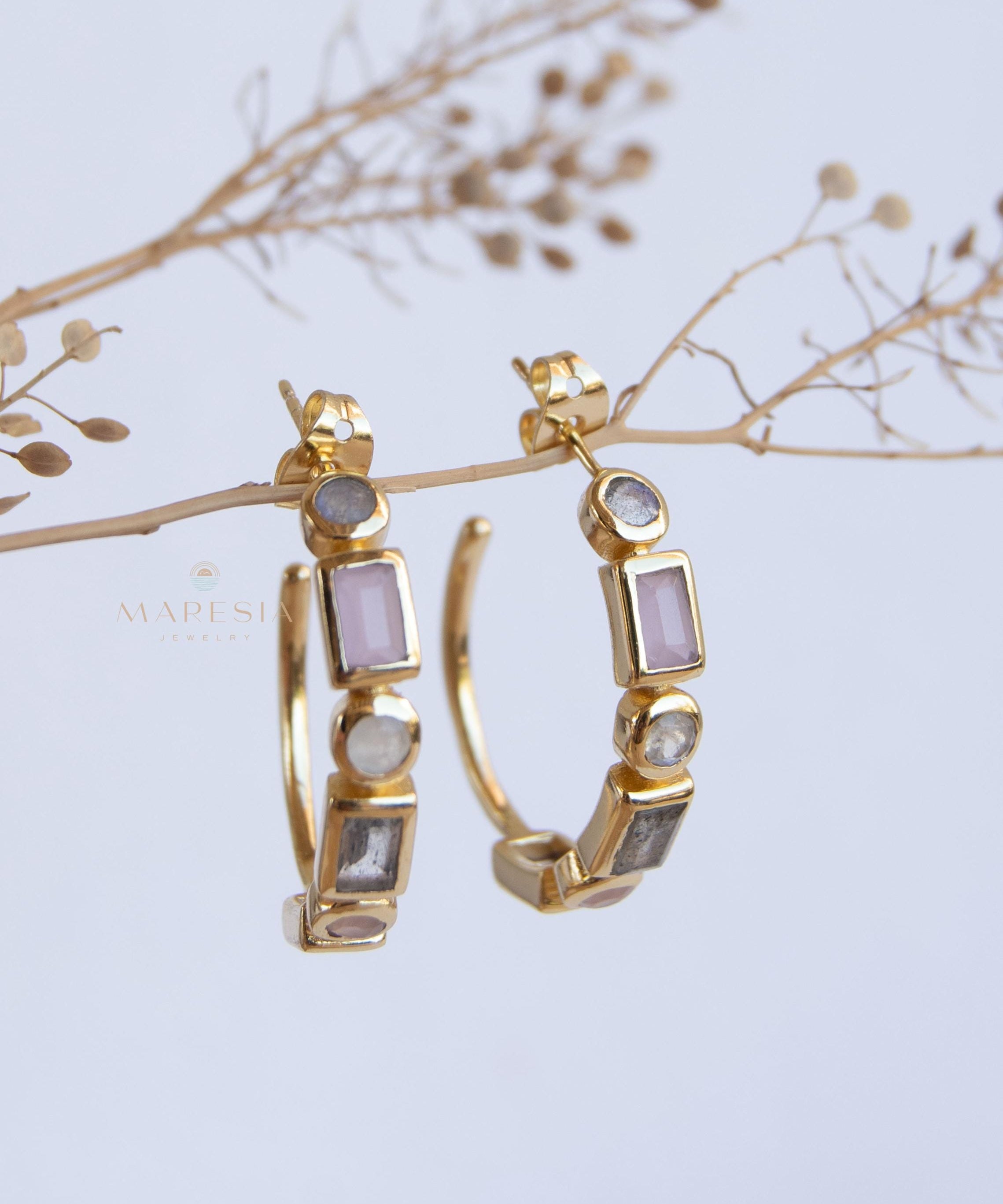 Moonstone, Labradorite & Rose Quartz ~ Hoop Earrings 18k Gold Plated Earrings ~ Gemstone ~ Post ~Boho ~ Handmade~Jewelry ME042