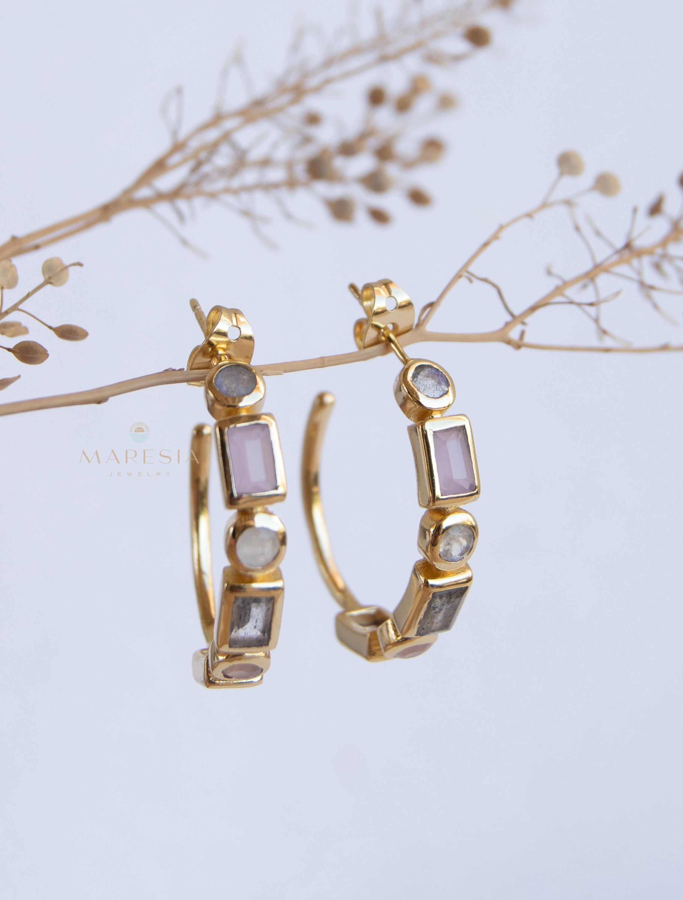 Moonstone, Labradorite & Rose Quartz ~ Hoop Earrings 18k Gold Plated Earrings ~ Gemstone ~ Post ~Boho ~ Handmade~Jewelry ME042