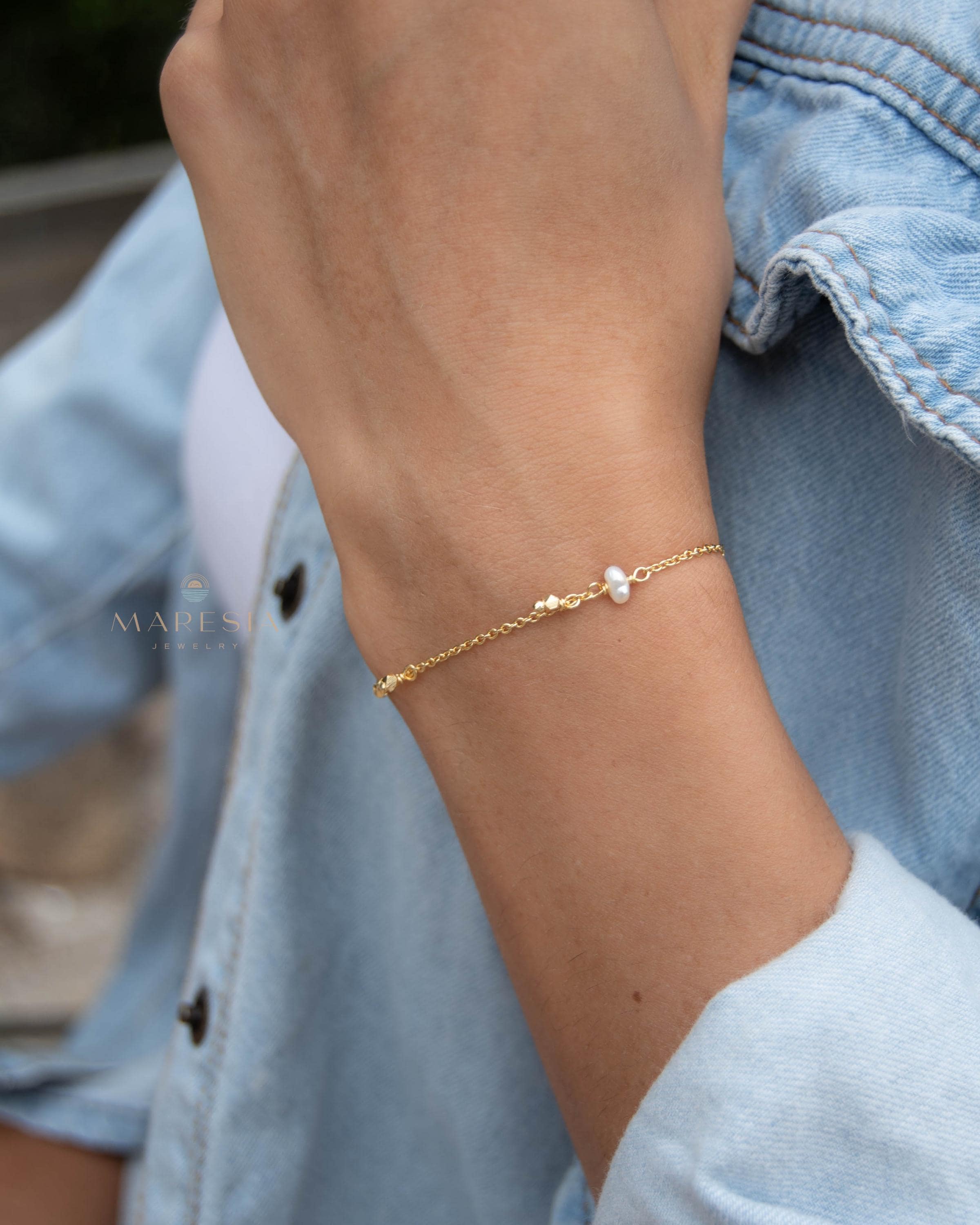 Fresh Water Pearl Bracelet ~ Gold Plated 18k ~ Handmade ~ Hippie ~Bohemian ~Jewelry ~Stackable MB070