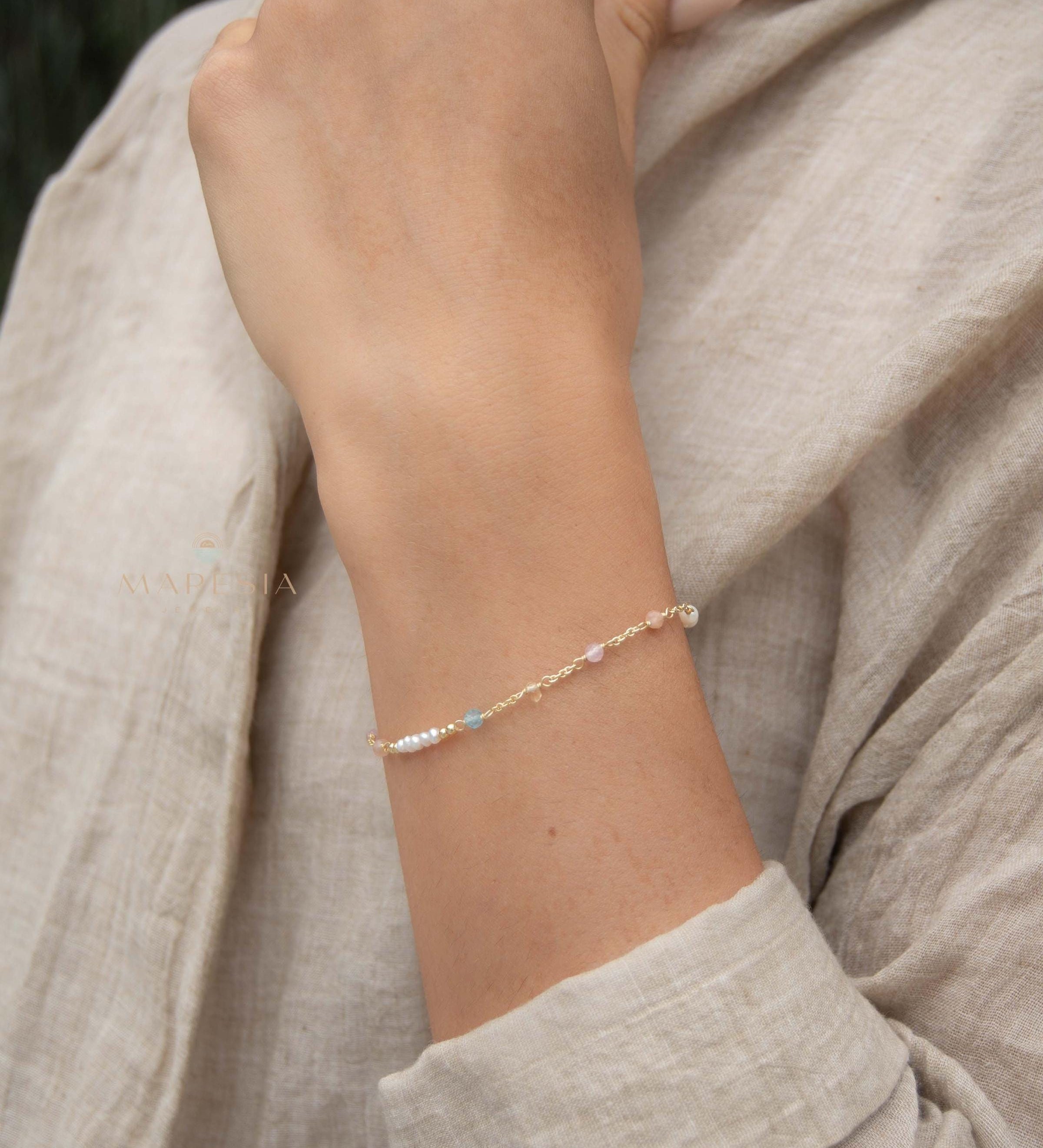 Fresh Water Pearl, Rose quartz, Blue Topaz and Citrine Bracelet ~ Gold Plated 18k ~ Handmade ~ Hippie ~Bohemian ~Jewelry ~Stackable MB071