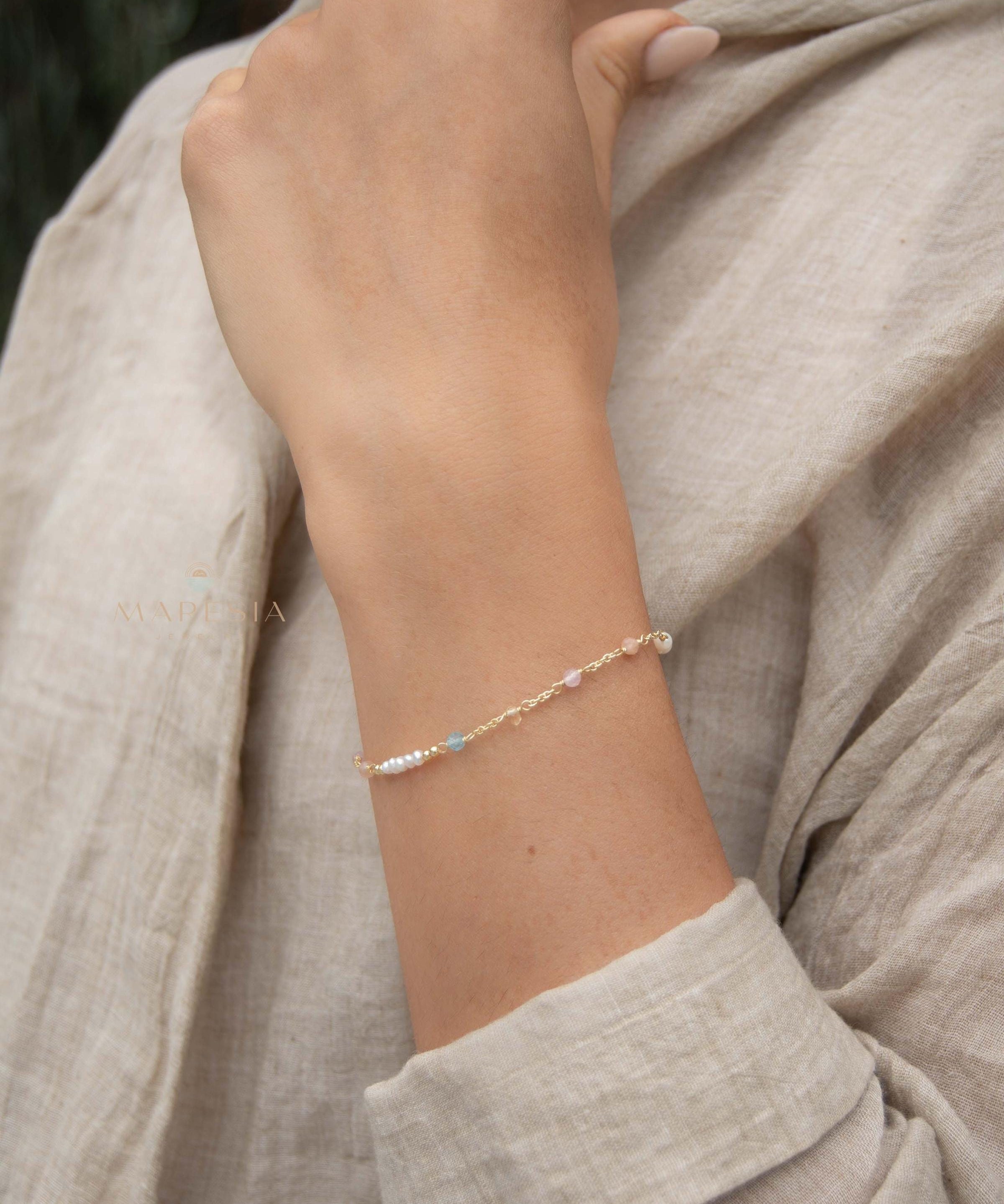 Fresh Water Pearl, Rose quartz, Blue Topaz and Citrine Bracelet ~ Gold Plated 18k ~ Handmade ~ Hippie ~Bohemian ~Jewelry ~Stackable MB071