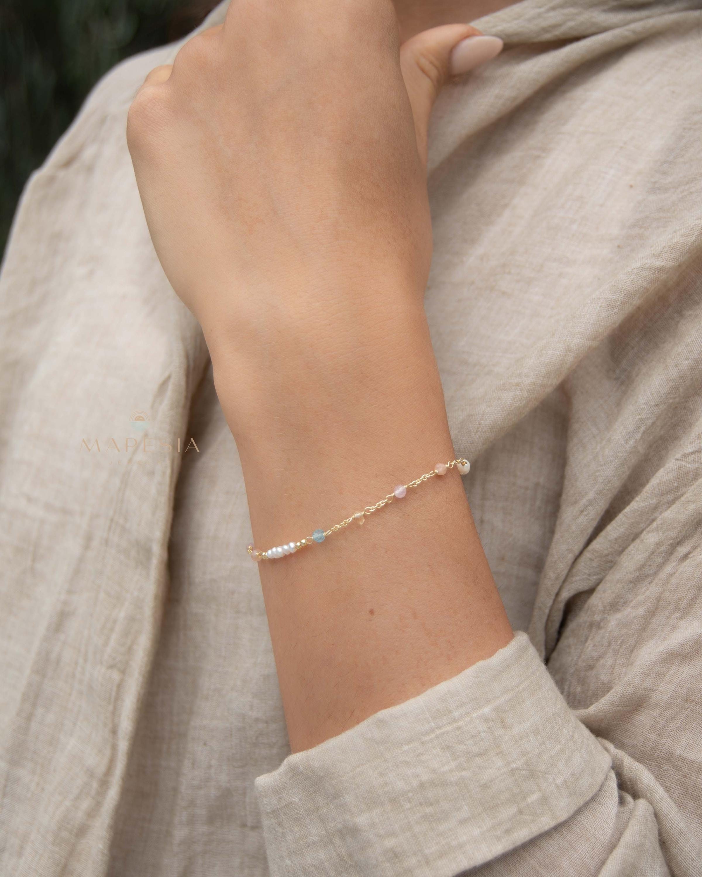 Fresh Water Pearl, Rose quartz, Blue Topaz and Citrine Bracelet ~ Gold Plated 18k ~ Handmade ~ Hippie ~Bohemian ~Jewelry ~Stackable MB071