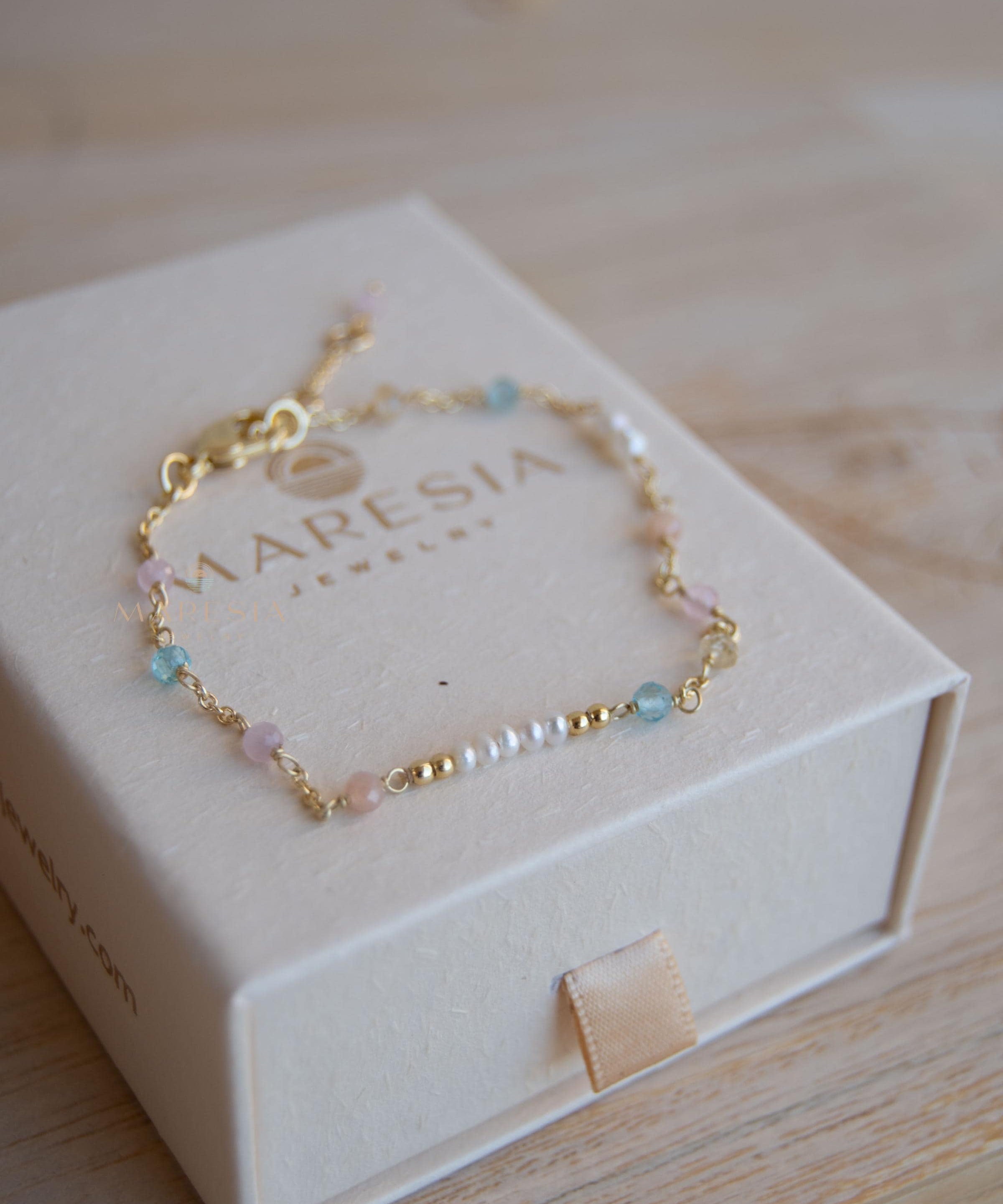 Fresh Water Pearl, Rose quartz, Blue Topaz and Citrine Bracelet ~ Gold Plated 18k ~ Handmade ~ Hippie ~Bohemian ~Jewelry ~Stackable MB071