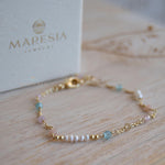 Fresh Water Pearl, Rose quartz, Blue Topaz and Citrine Bracelet ~ Gold Plated 18k ~ Handmade ~ Hippie ~Bohemian ~Jewelry ~Stackable MB071