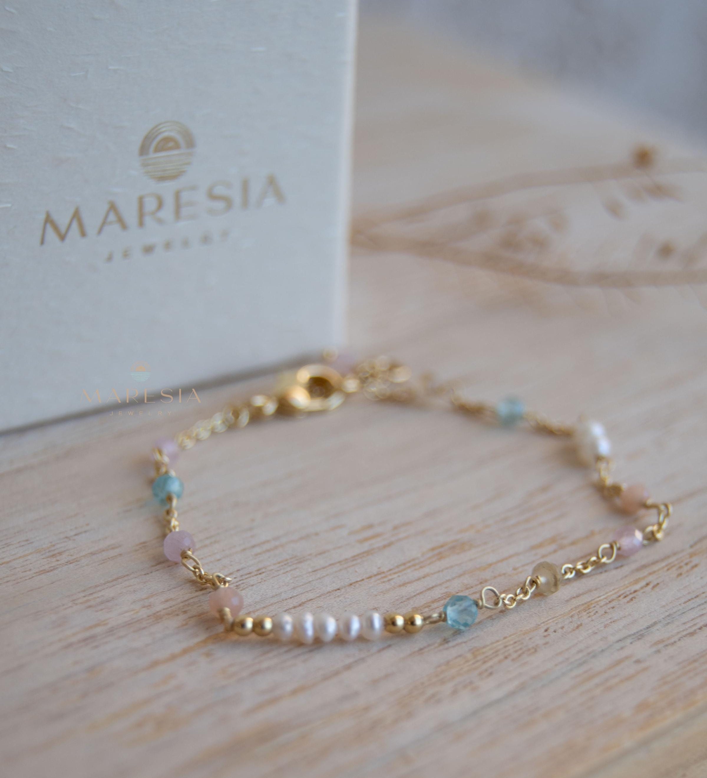 Fresh Water Pearl, Rose quartz, Blue Topaz and Citrine Bracelet ~ Gold Plated 18k ~ Handmade ~ Hippie ~Bohemian ~Jewelry ~Stackable MB071