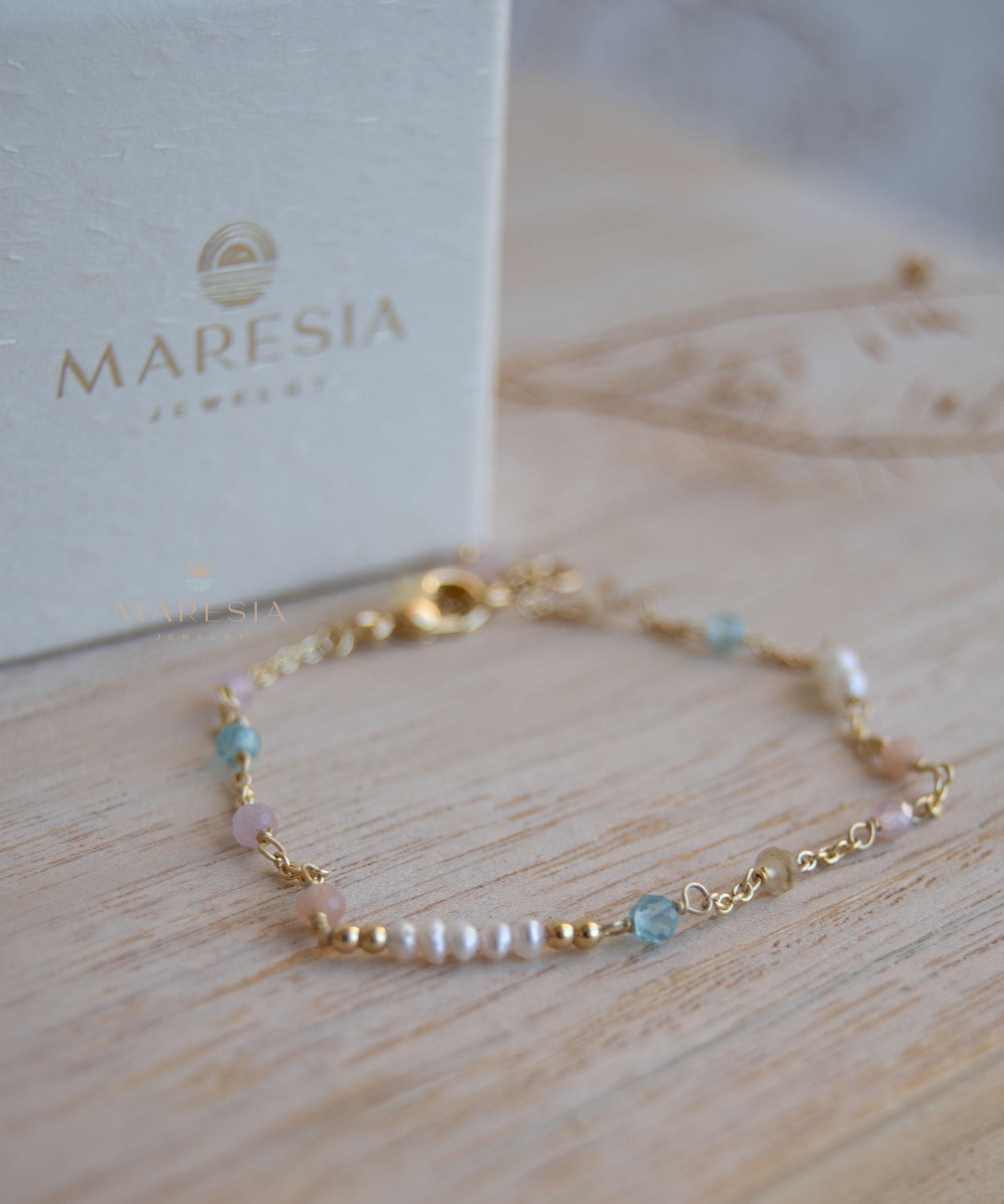 Fresh Water Pearl, Rose quartz, Blue Topaz and Citrine Bracelet ~ Gold Plated 18k ~ Handmade ~ Hippie ~Bohemian ~Jewelry ~Stackable MB071