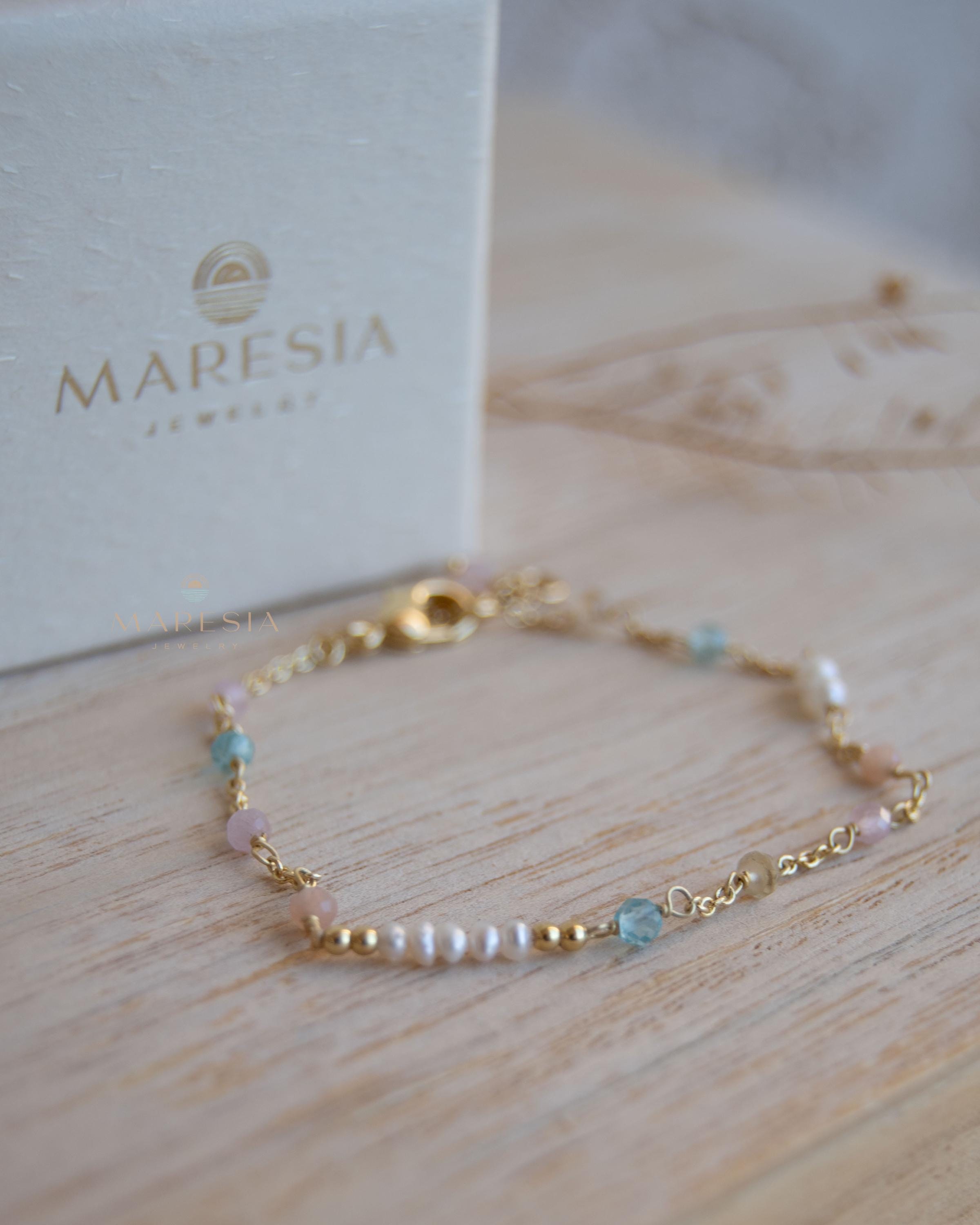 Fresh Water Pearl, Rose quartz, Blue Topaz and Citrine Bracelet ~ Gold Plated 18k ~ Handmade ~ Hippie ~Bohemian ~Jewelry ~Stackable MB071