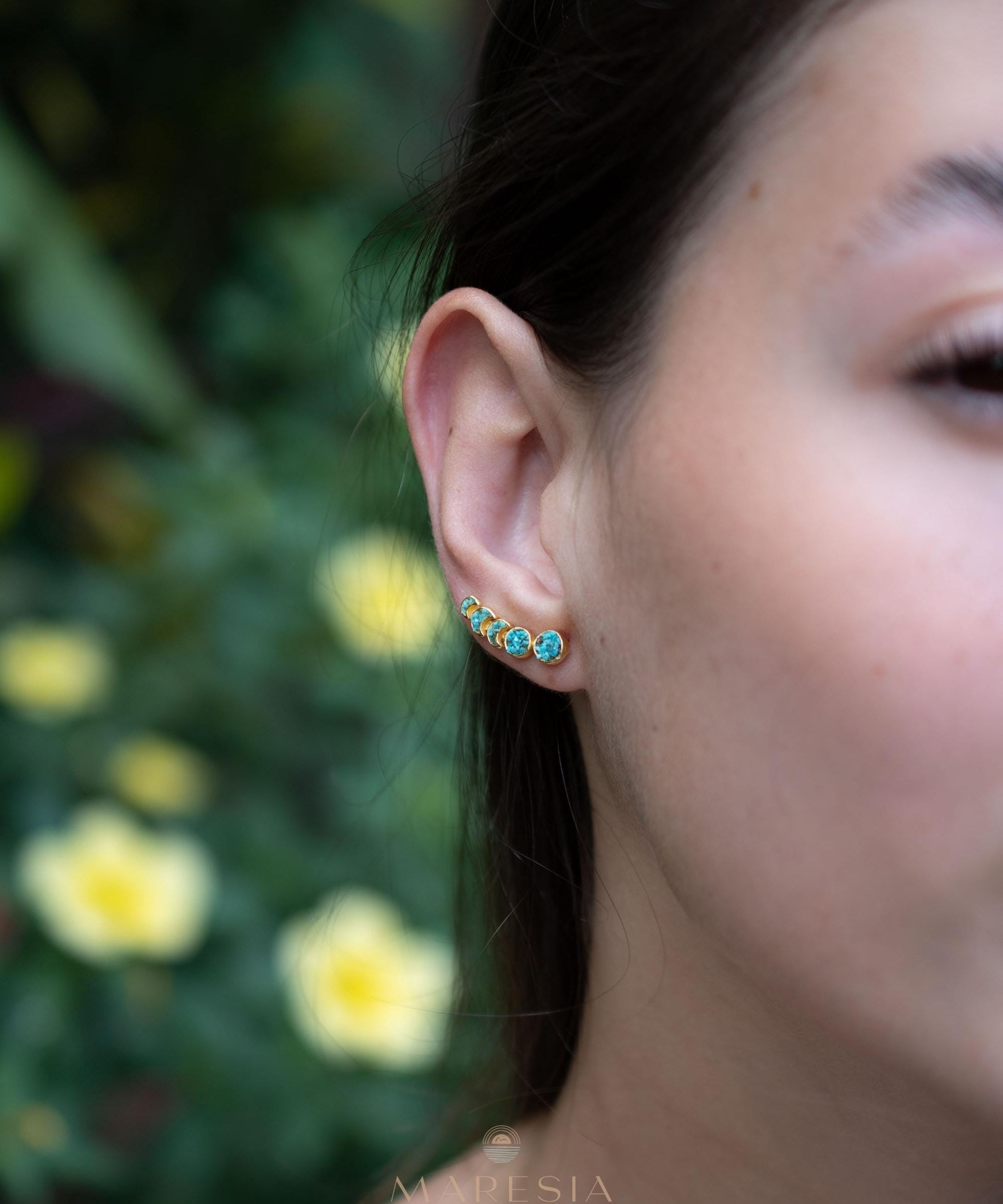 Crushed Turquoise Ear Climber Earrings ~ Stud~Jewelry~ 18k Gold Plated ~ Natural ~ Minimalist Everyday ~ Gift for Her ~ Boho ~ Hippie ~ME058