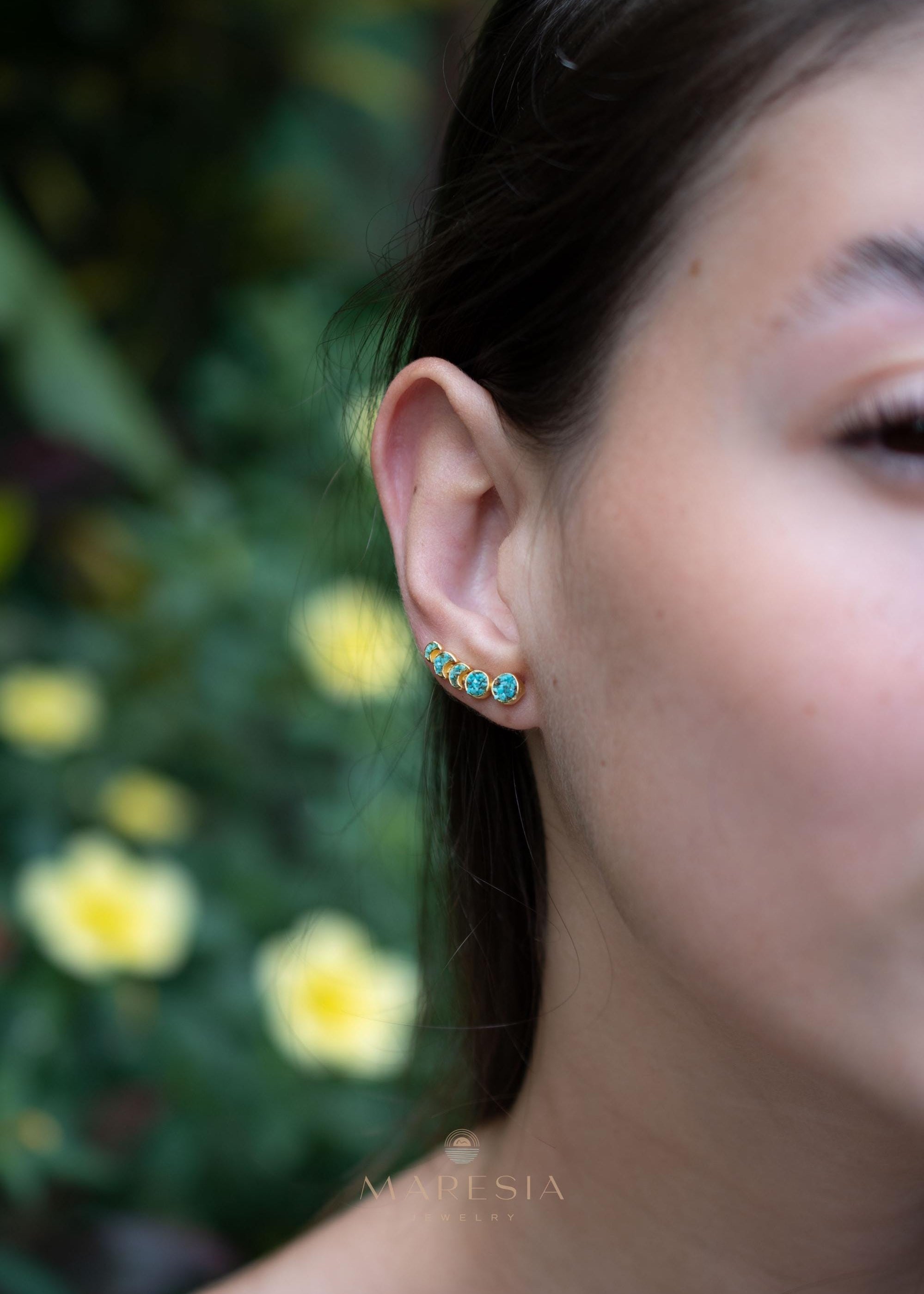 Crushed Turquoise Ear Climber Earrings ~ Stud~Jewelry~ 18k Gold Plated ~ Natural ~ Minimalist Everyday ~ Gift for Her ~ Boho ~ Hippie ~ME058